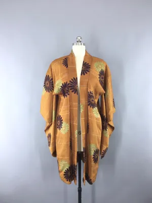 1930s Vintage Silk Kimono Jacket / Silk Haori Kimono Cardigan /  Brown & Purple Daisy Floral Print