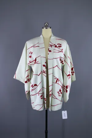 1950s Vintage Haori Kimono Jacket / White Red Floral Watercolor