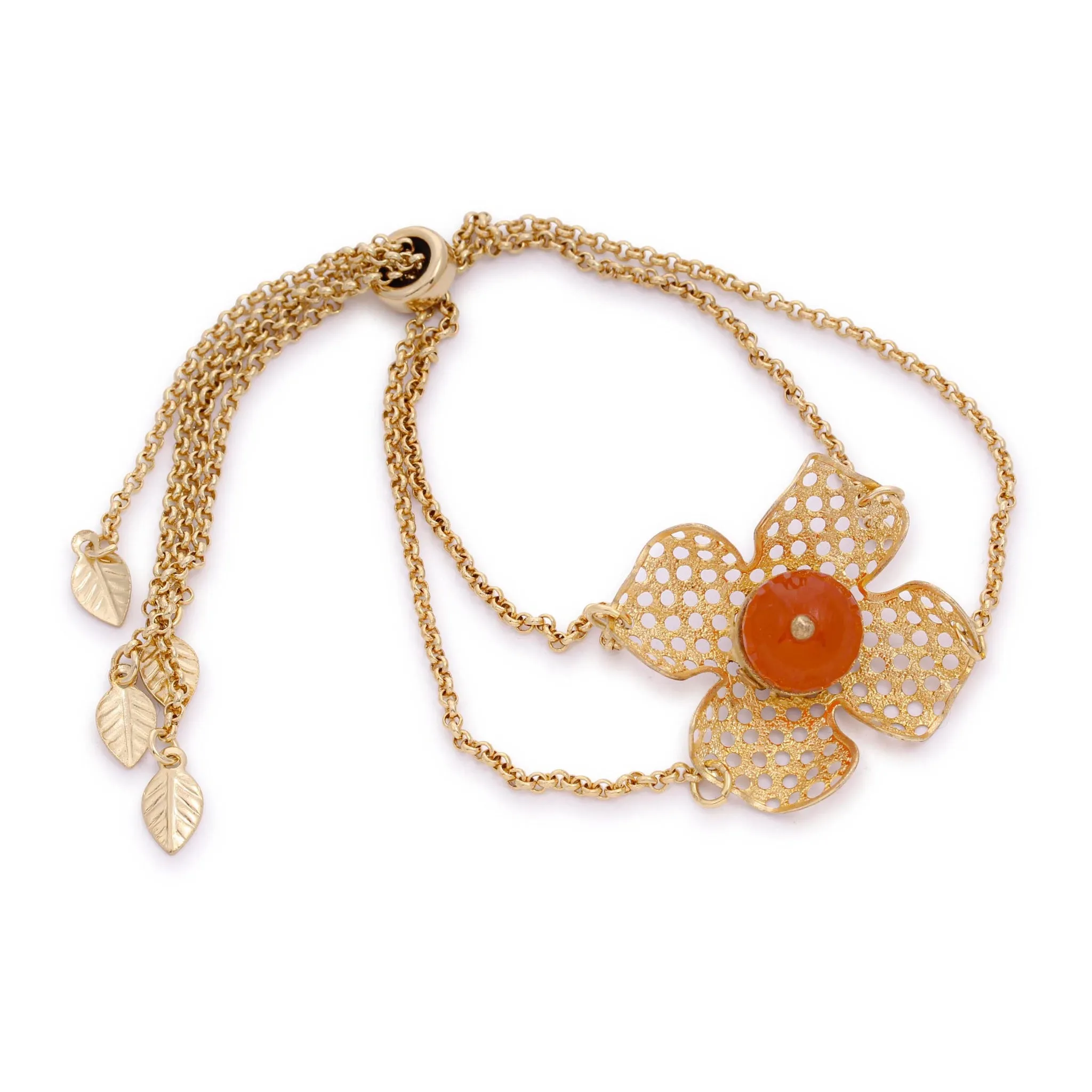 4 Petal Orange Stone  Lattice Flower Snake Chain Bracelet