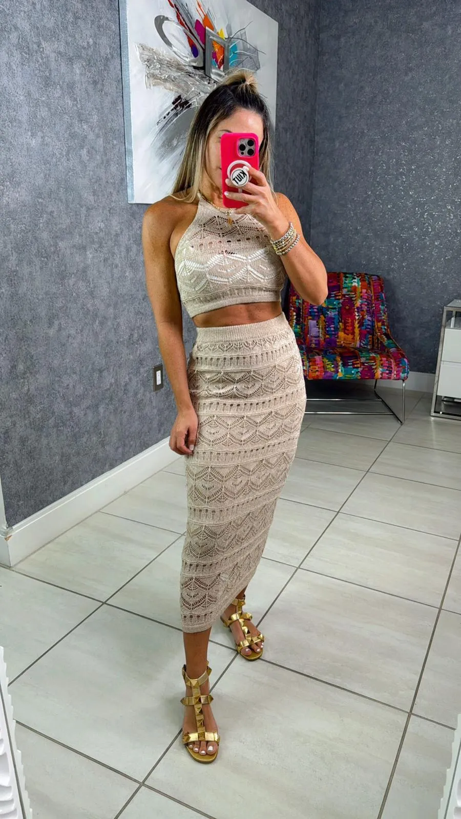 4355 Knit sweater top and midi skirt set