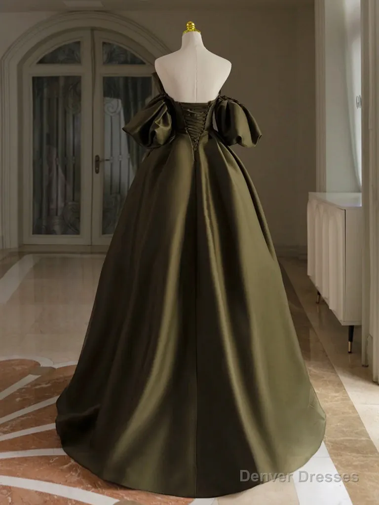 A-Line Puff Sleeves Olive Green Satin Long Prom Dress, Olive Green Long Formal Dress