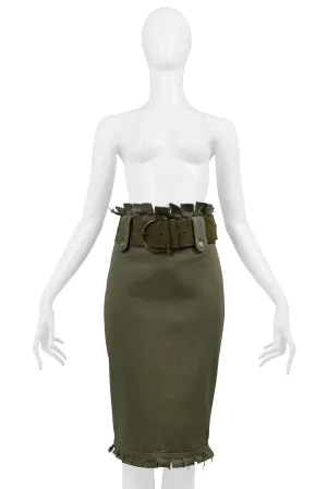 ALEXANDER MCQUEEN OLIVE FRAYED SKIRT SS 2003