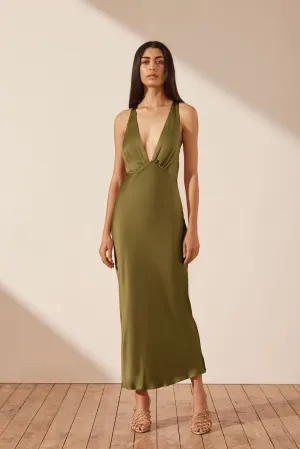 ARIENZO PLUNGED CROSS BACK MIDI DRESS - GREEN OLIVE
