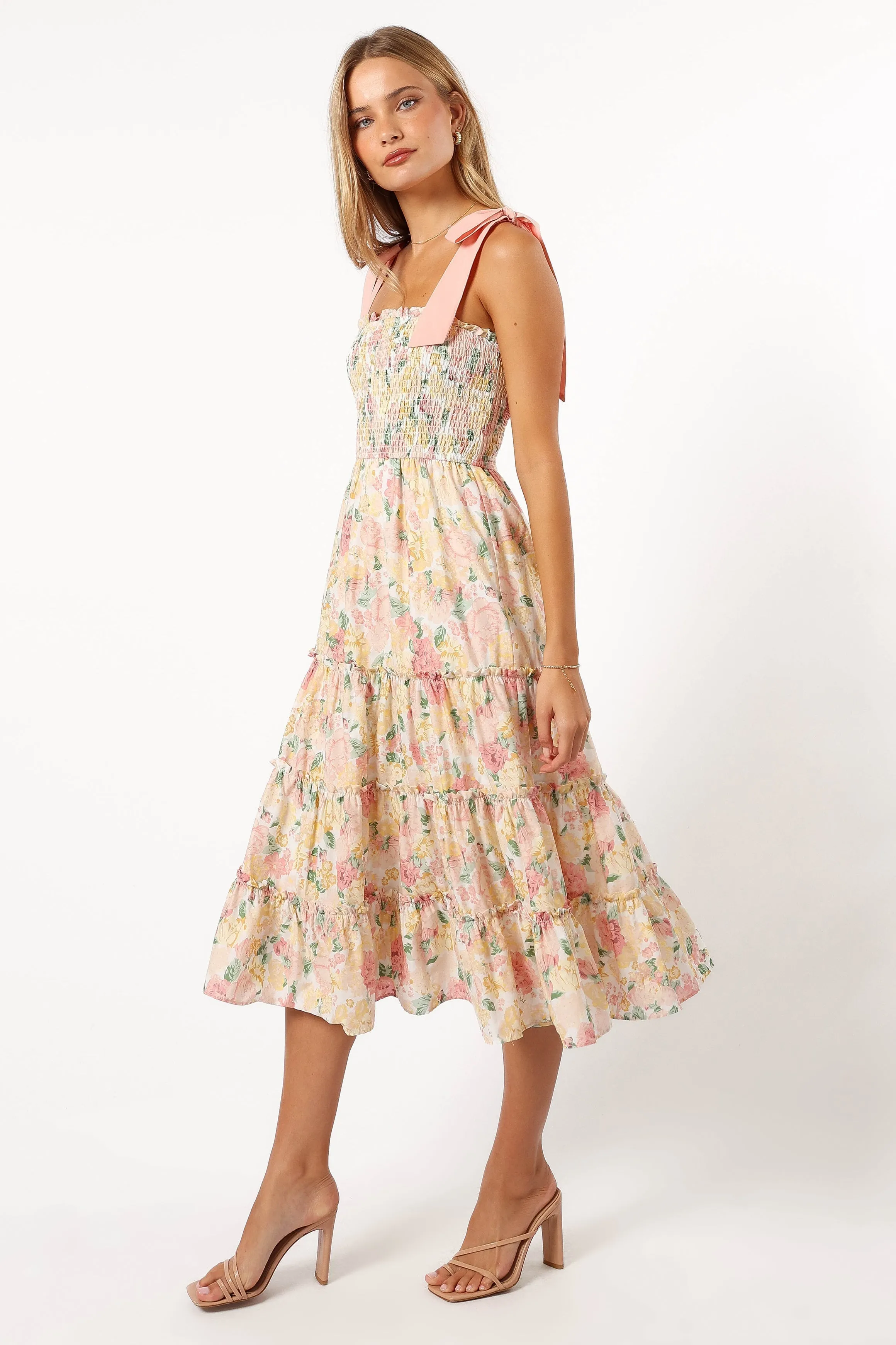 Bella Floral Ruffle Midi Dress - Pink/Yellow