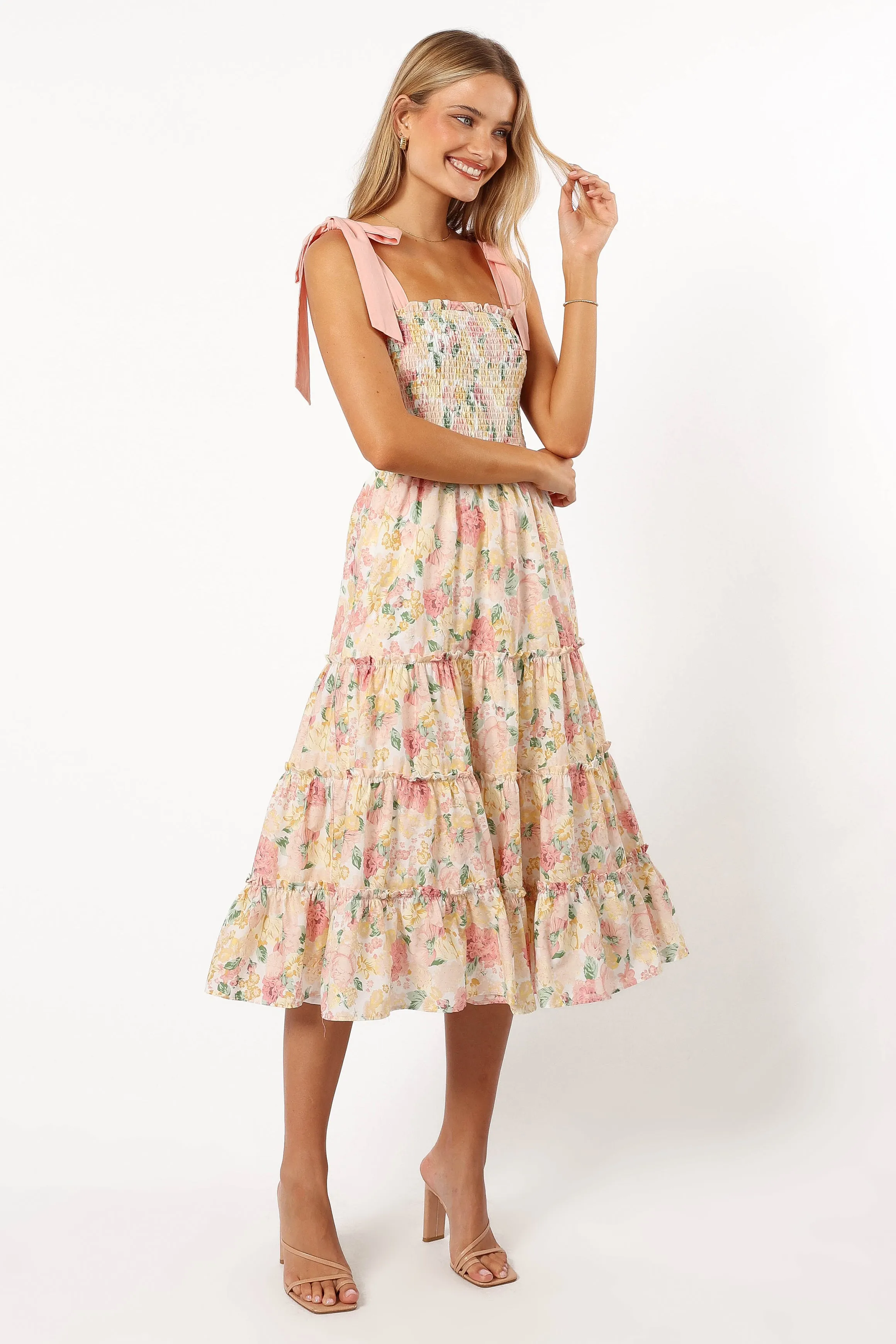 Bella Floral Ruffle Midi Dress - Pink/Yellow