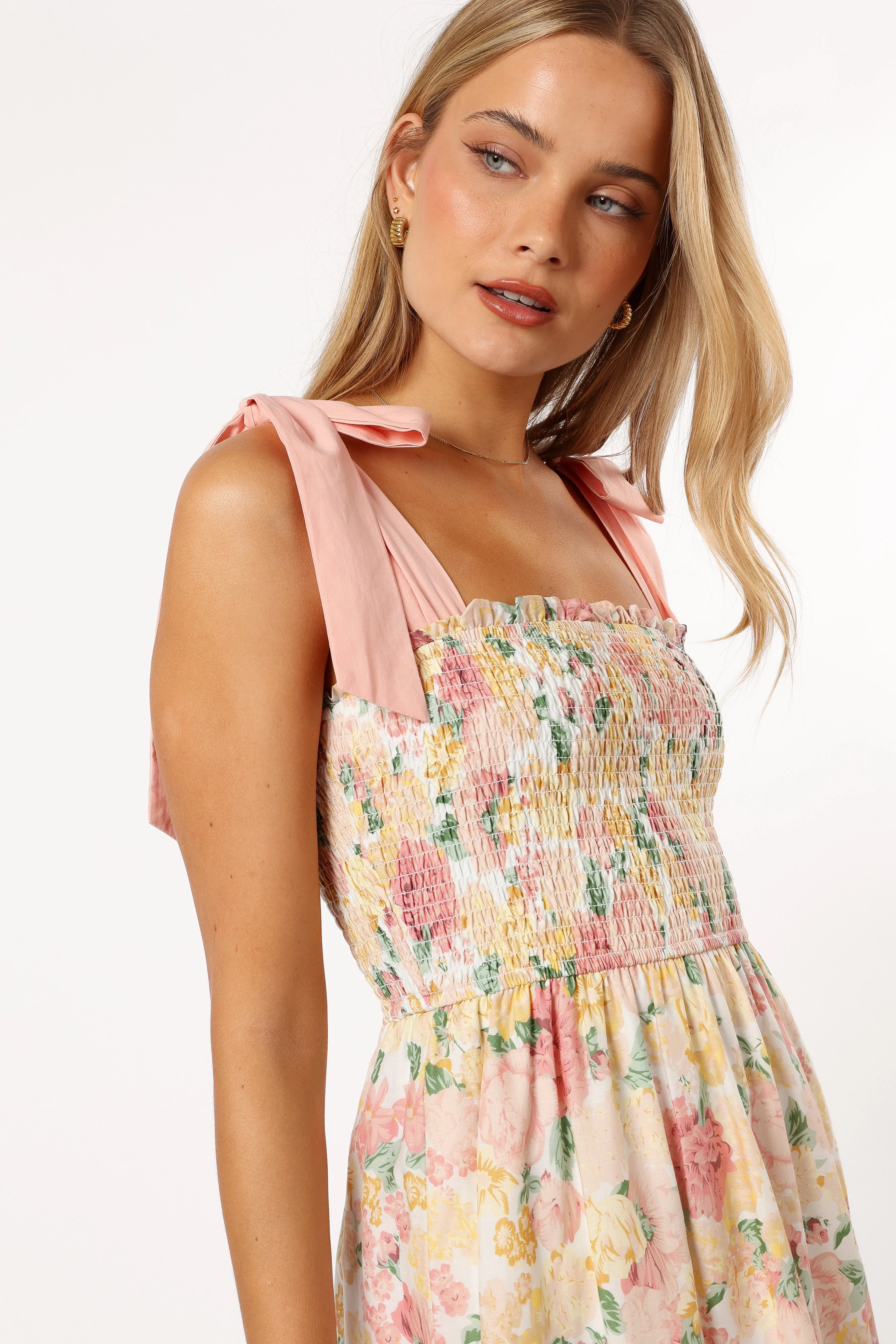 Bella Floral Ruffle Midi Dress - Pink/Yellow