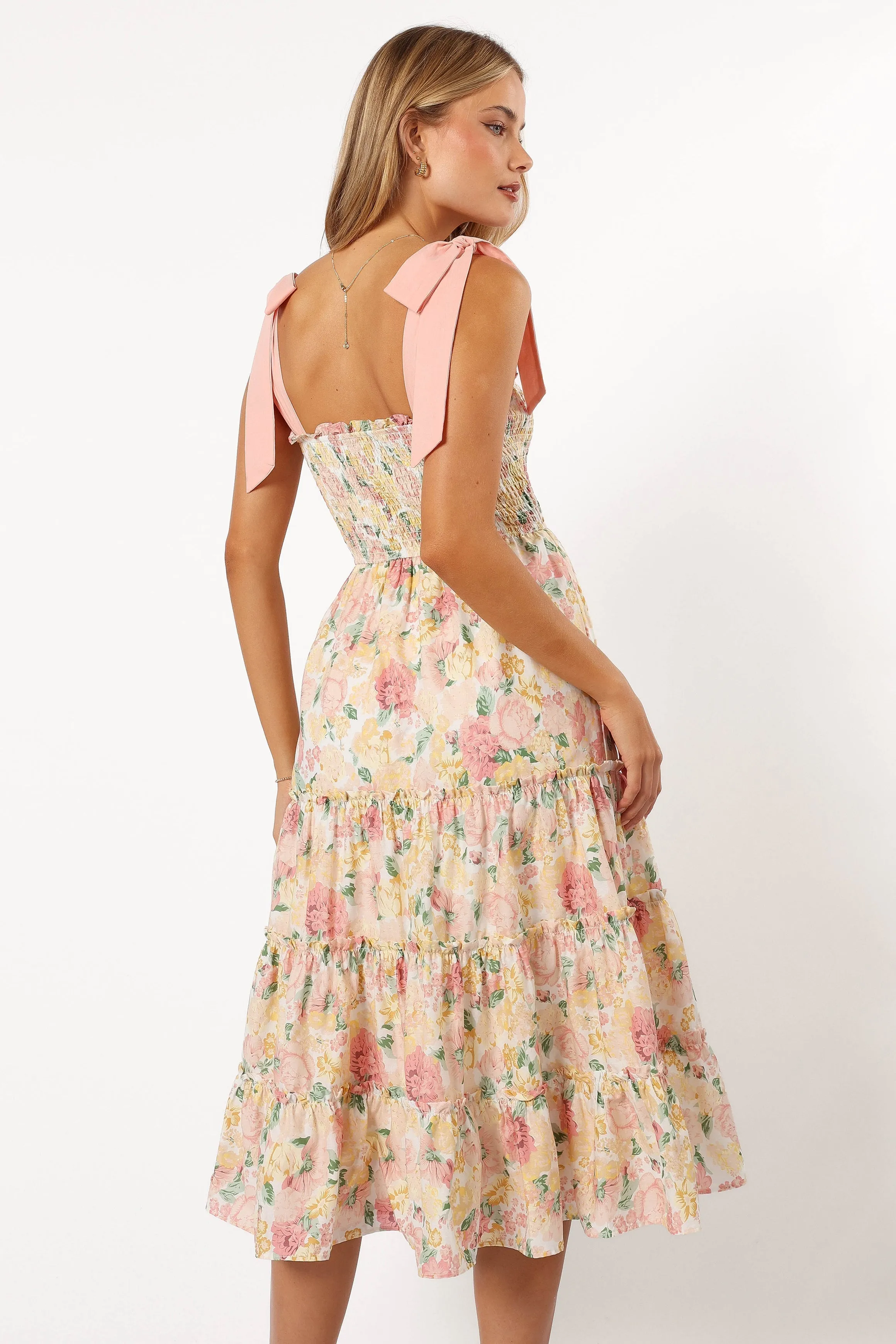 Bella Floral Ruffle Midi Dress - Pink/Yellow