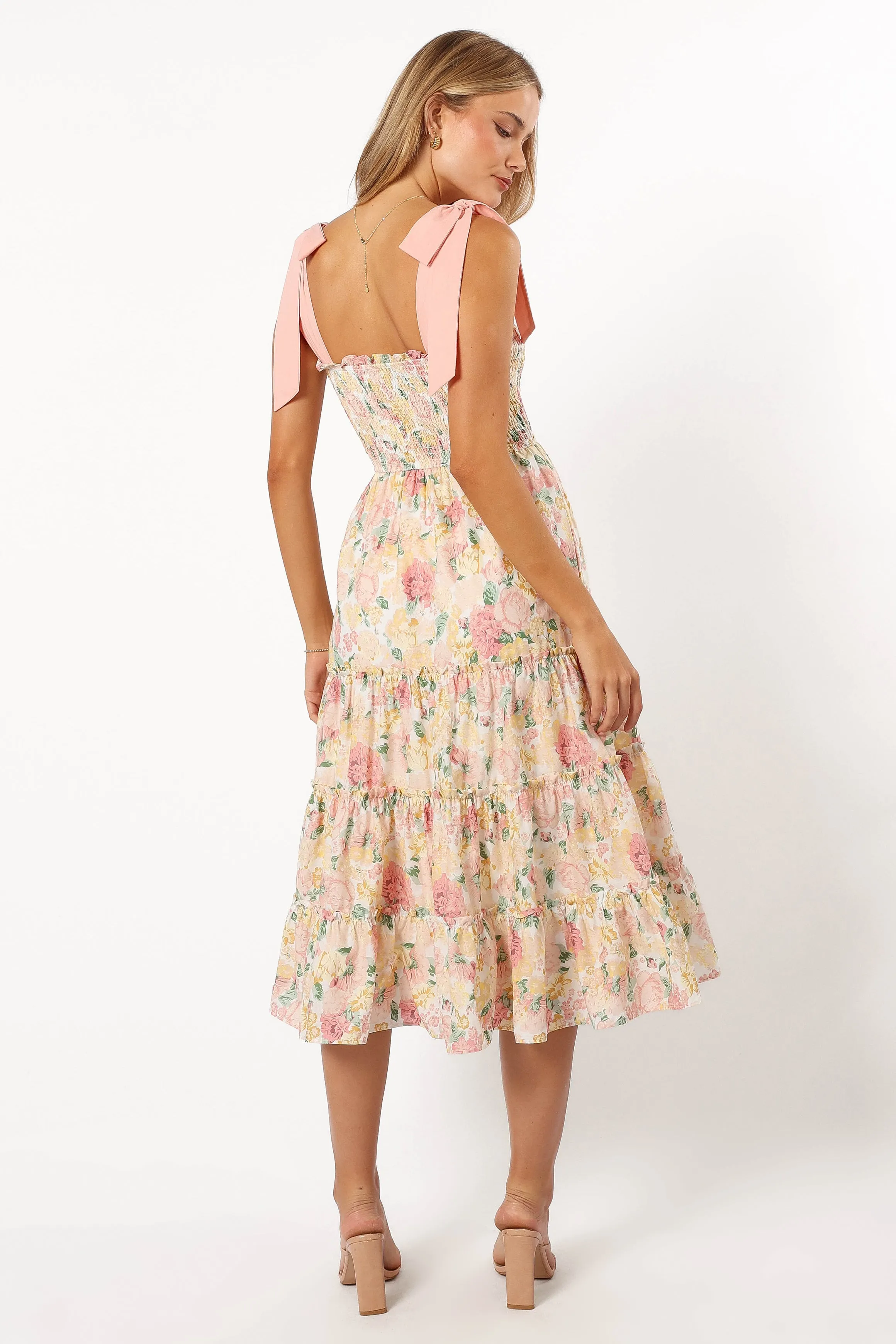 Bella Floral Ruffle Midi Dress - Pink/Yellow