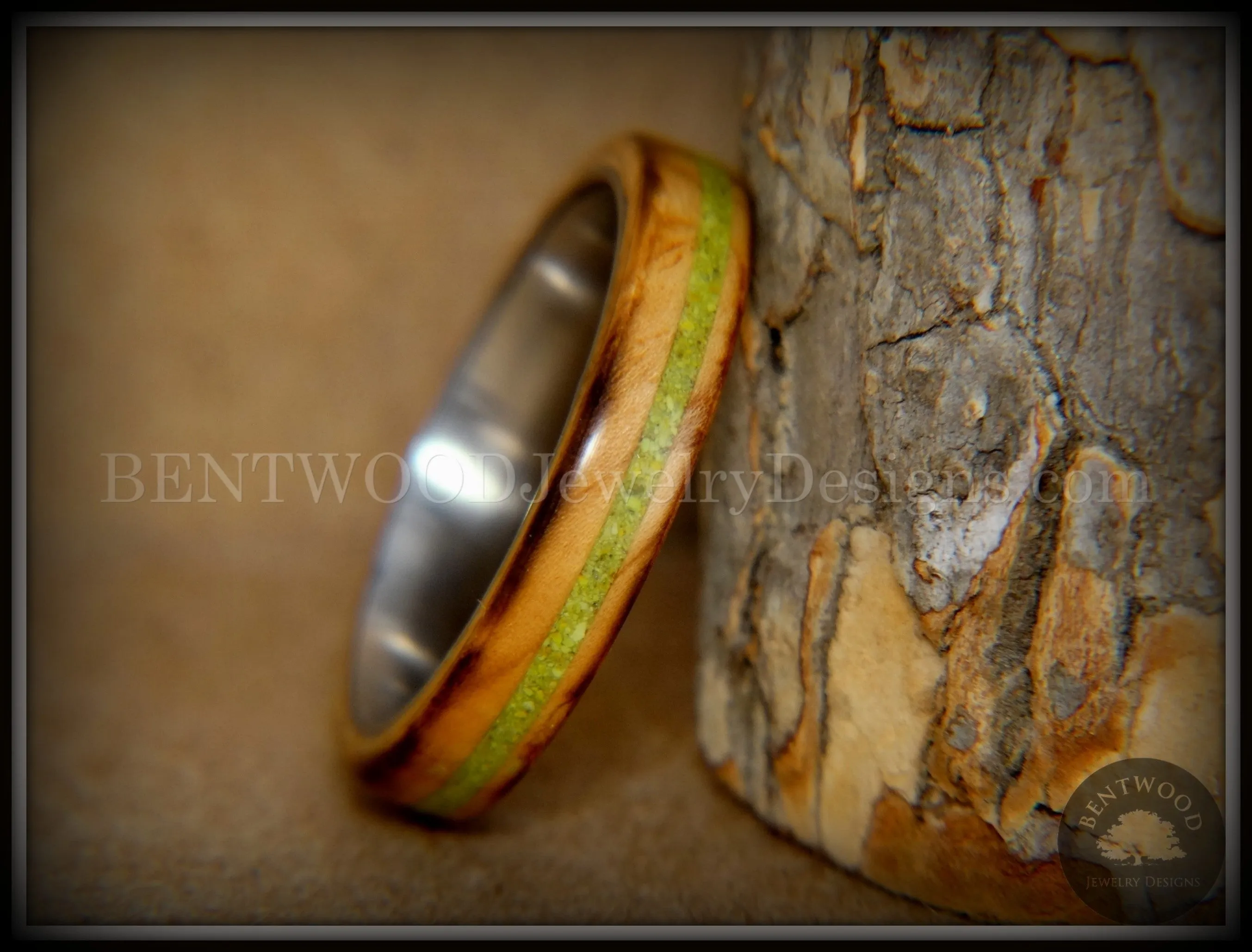Bentwood Ring - "Inlaid Ole Smoky" Olive Wood Ring with Green Apple Turquoise Inlay on Surgical Steel