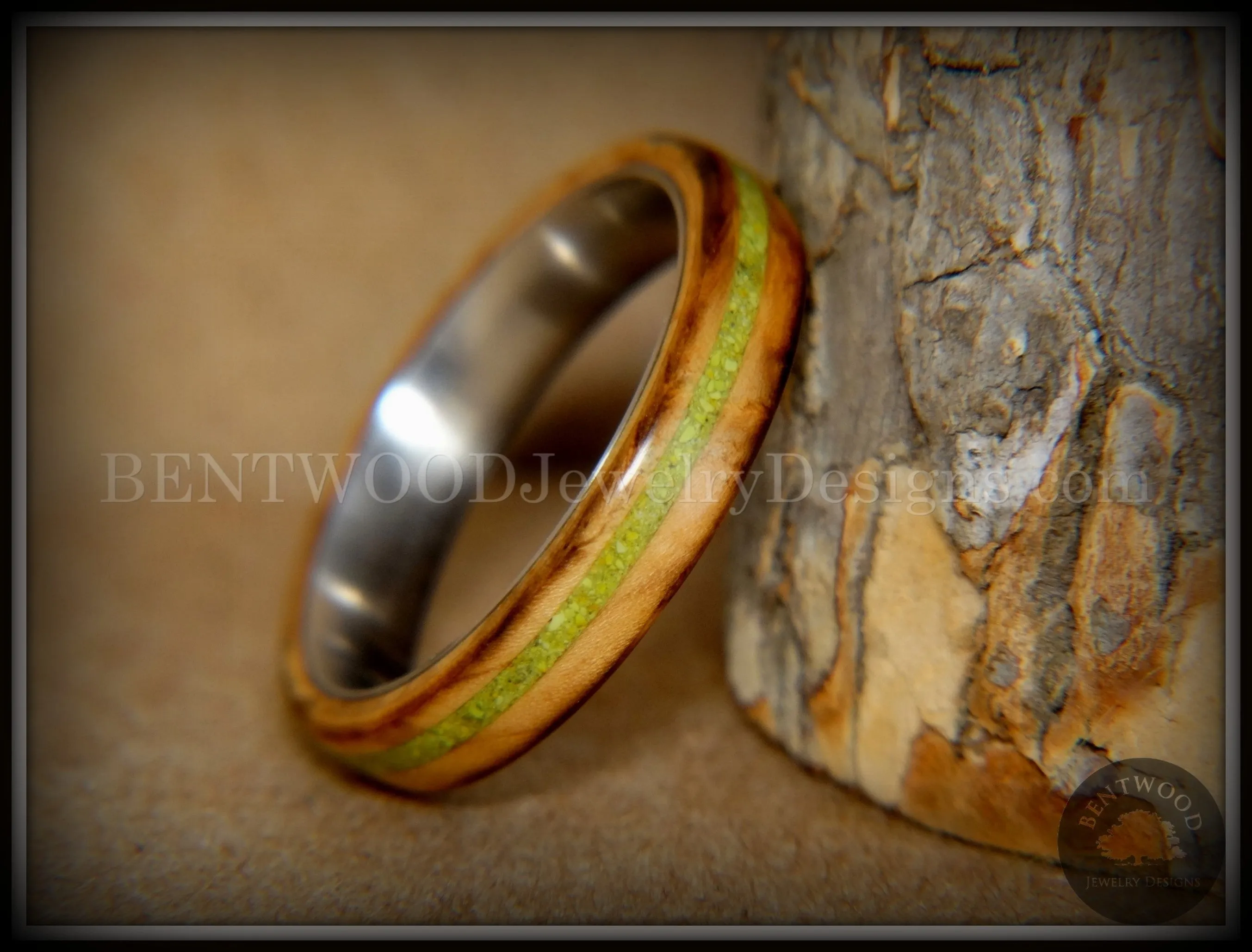 Bentwood Ring - "Inlaid Ole Smoky" Olive Wood Ring with Green Apple Turquoise Inlay on Surgical Steel