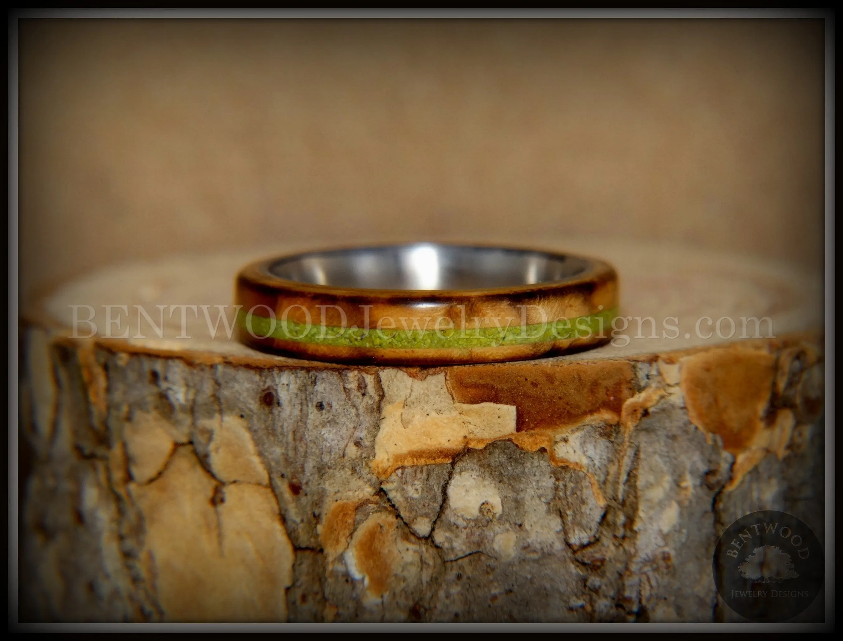 Bentwood Ring - "Inlaid Ole Smoky" Olive Wood Ring with Green Apple Turquoise Inlay on Surgical Steel