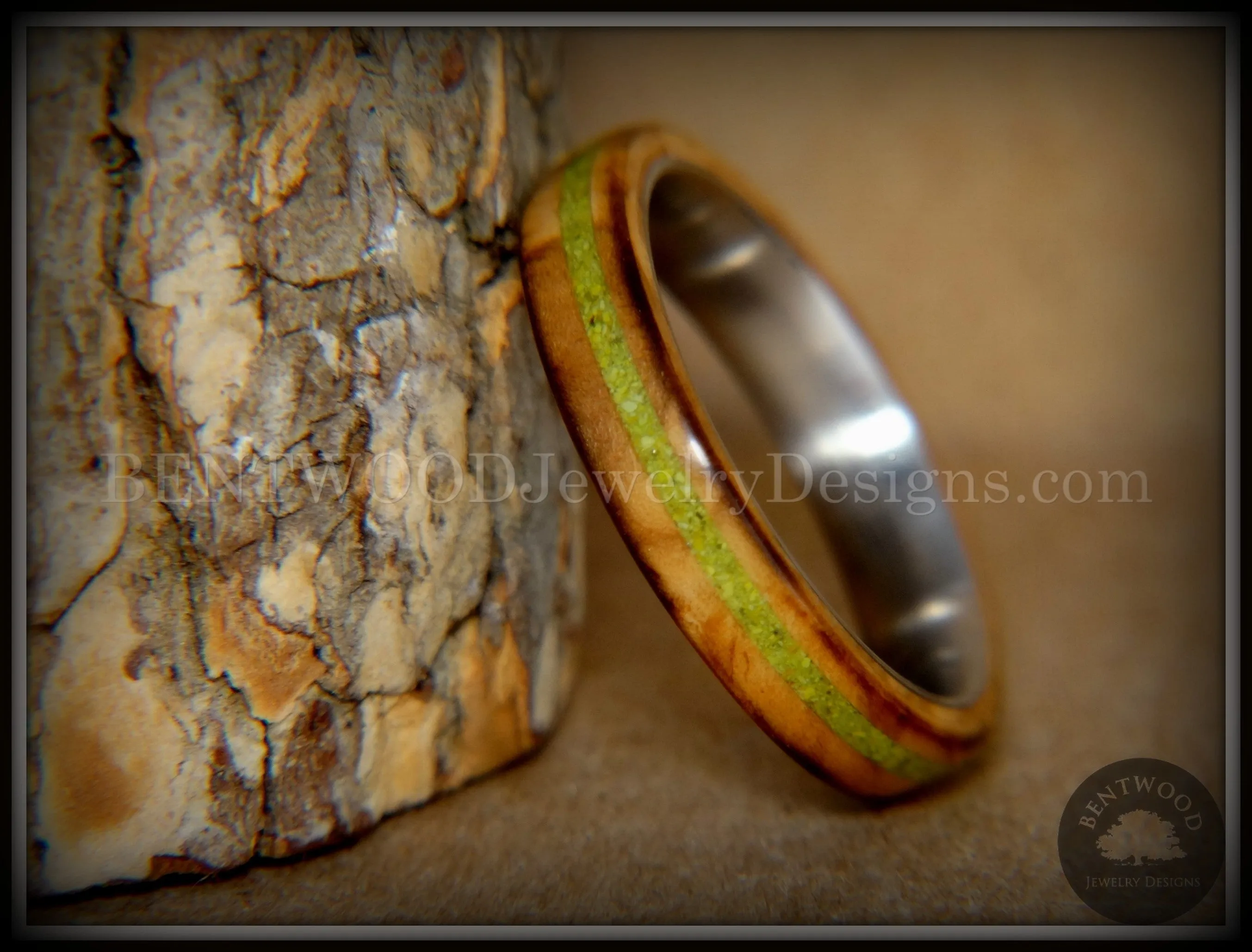 Bentwood Ring - "Inlaid Ole Smoky" Olive Wood Ring with Green Apple Turquoise Inlay on Surgical Steel