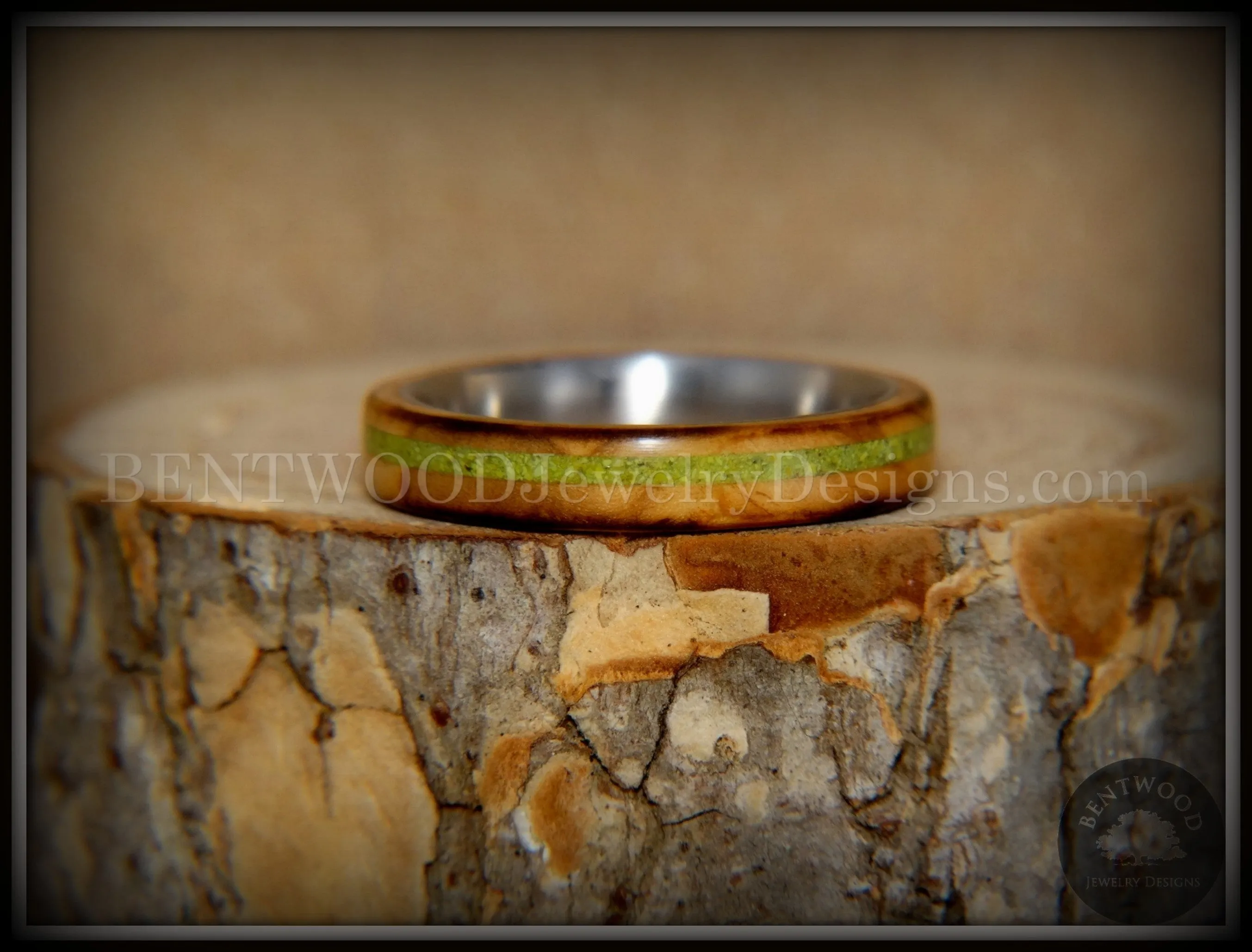 Bentwood Ring - "Inlaid Ole Smoky" Olive Wood Ring with Green Apple Turquoise Inlay on Surgical Steel