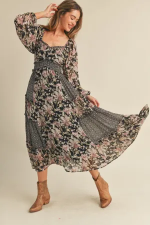 Black Mixed Patchwork Ruffle Trim Midi Dress