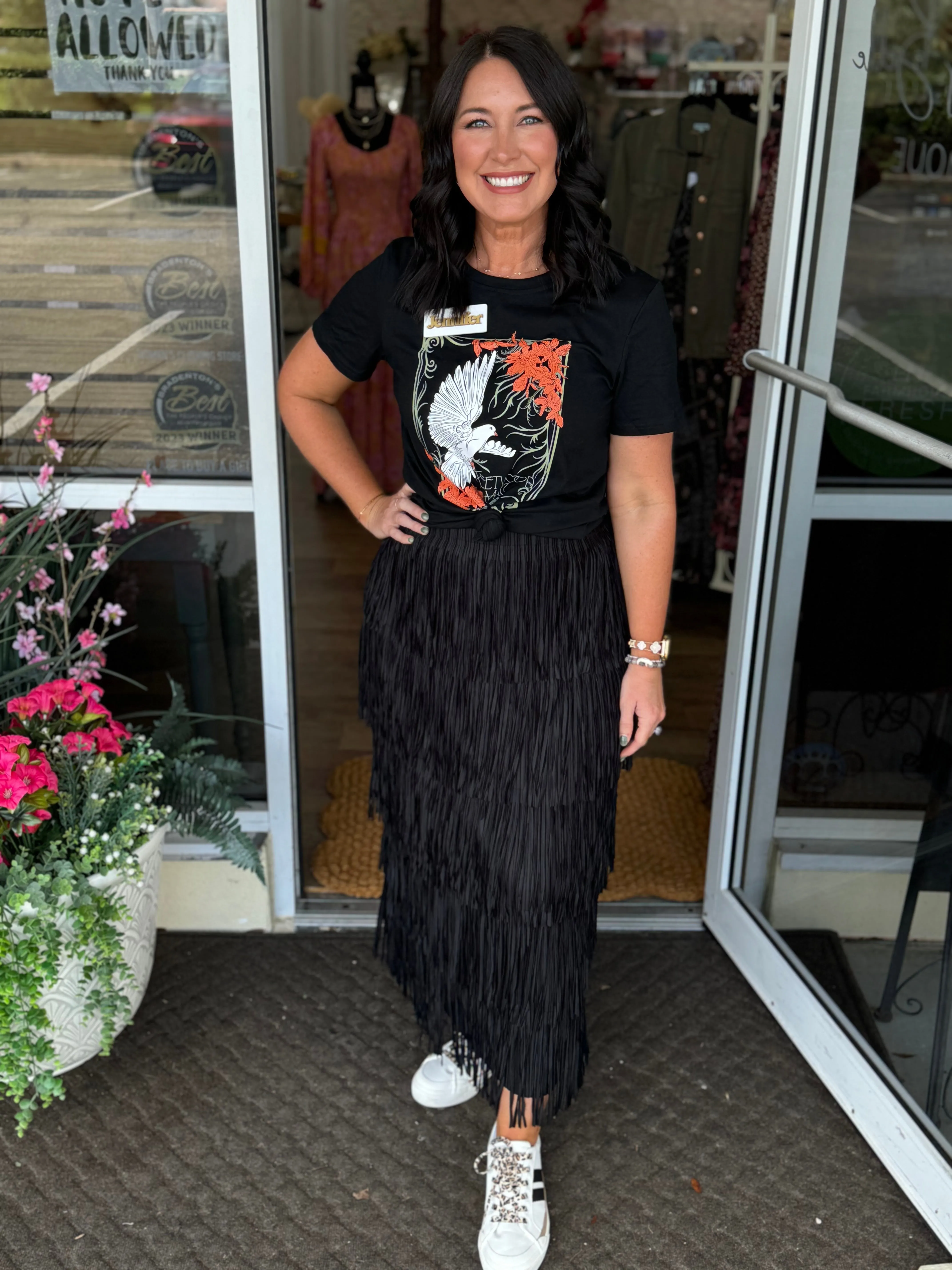 Black Tiered Fringe Tassel Midi Skirt