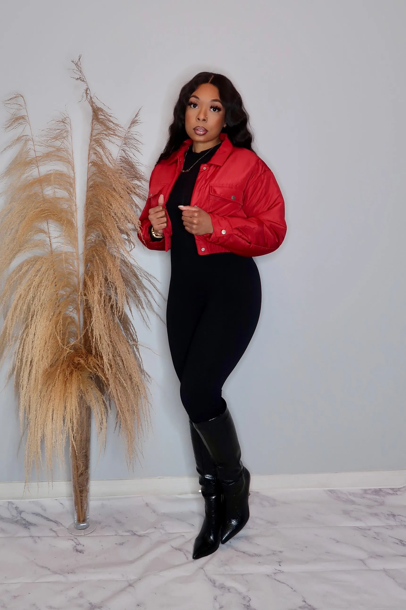 Brooke Cropped Bomber Jacket- Red