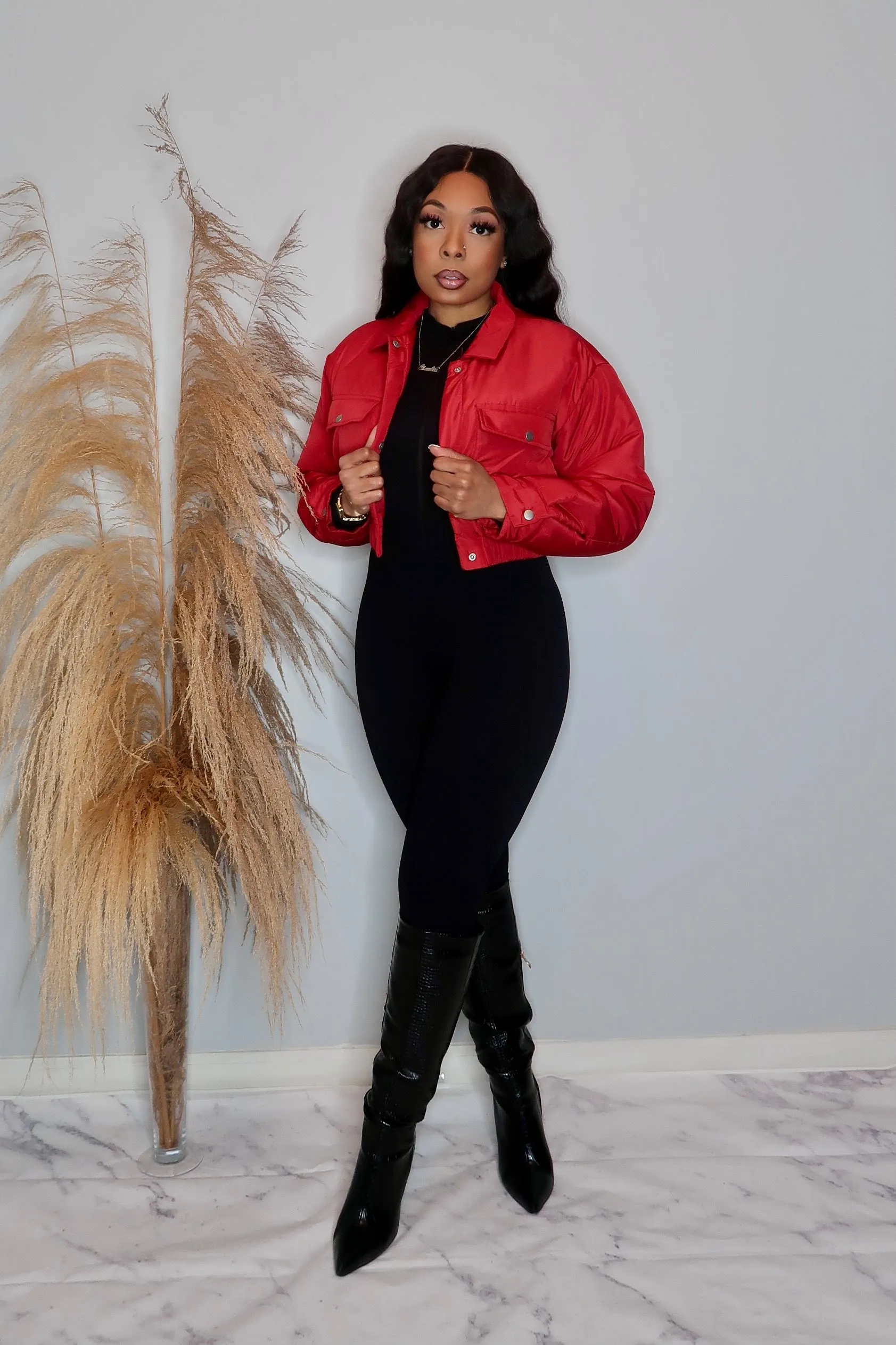 Brooke Cropped Bomber Jacket- Red