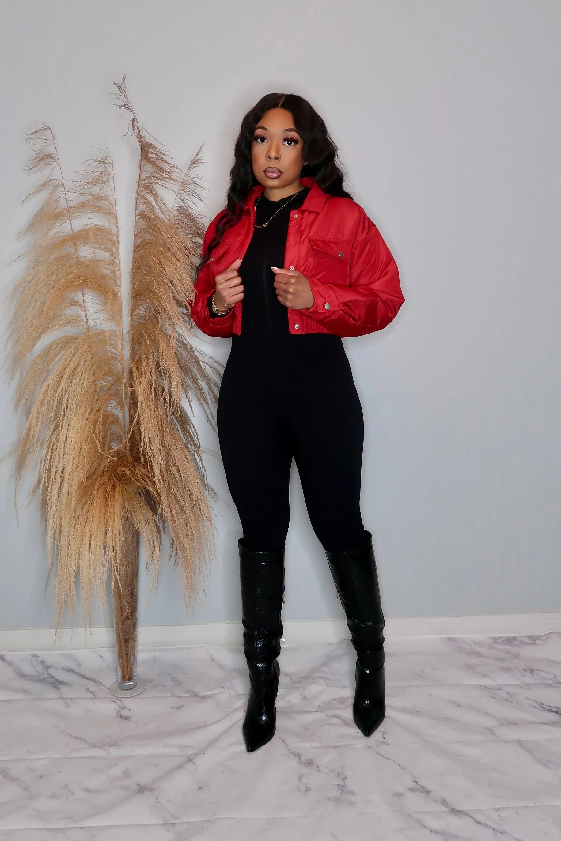 Brooke Cropped Bomber Jacket- Red