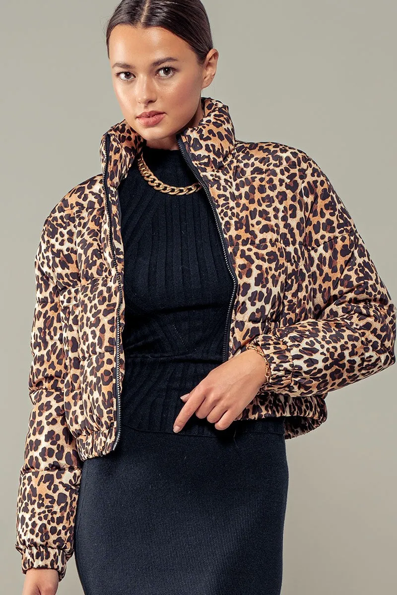 Classic Leopard Print Puffer Jacket - Mid Length