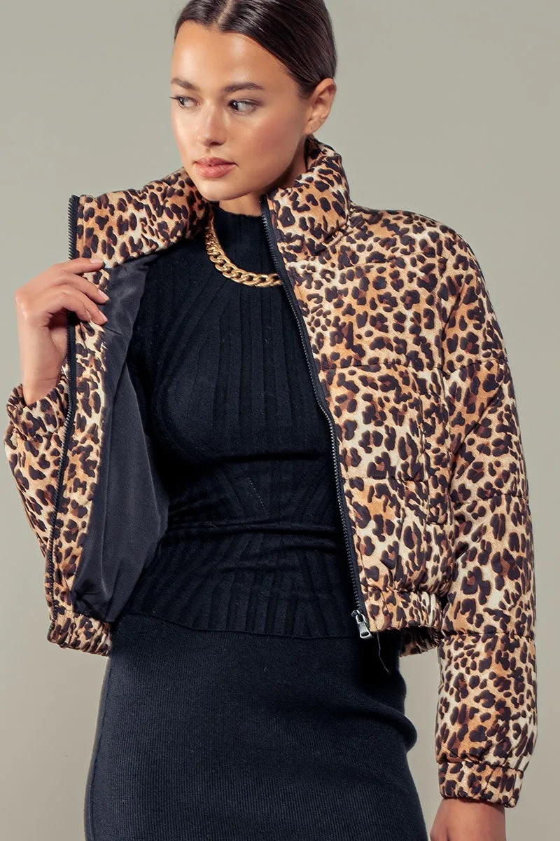 Classic Leopard Print Puffer Jacket - Mid Length