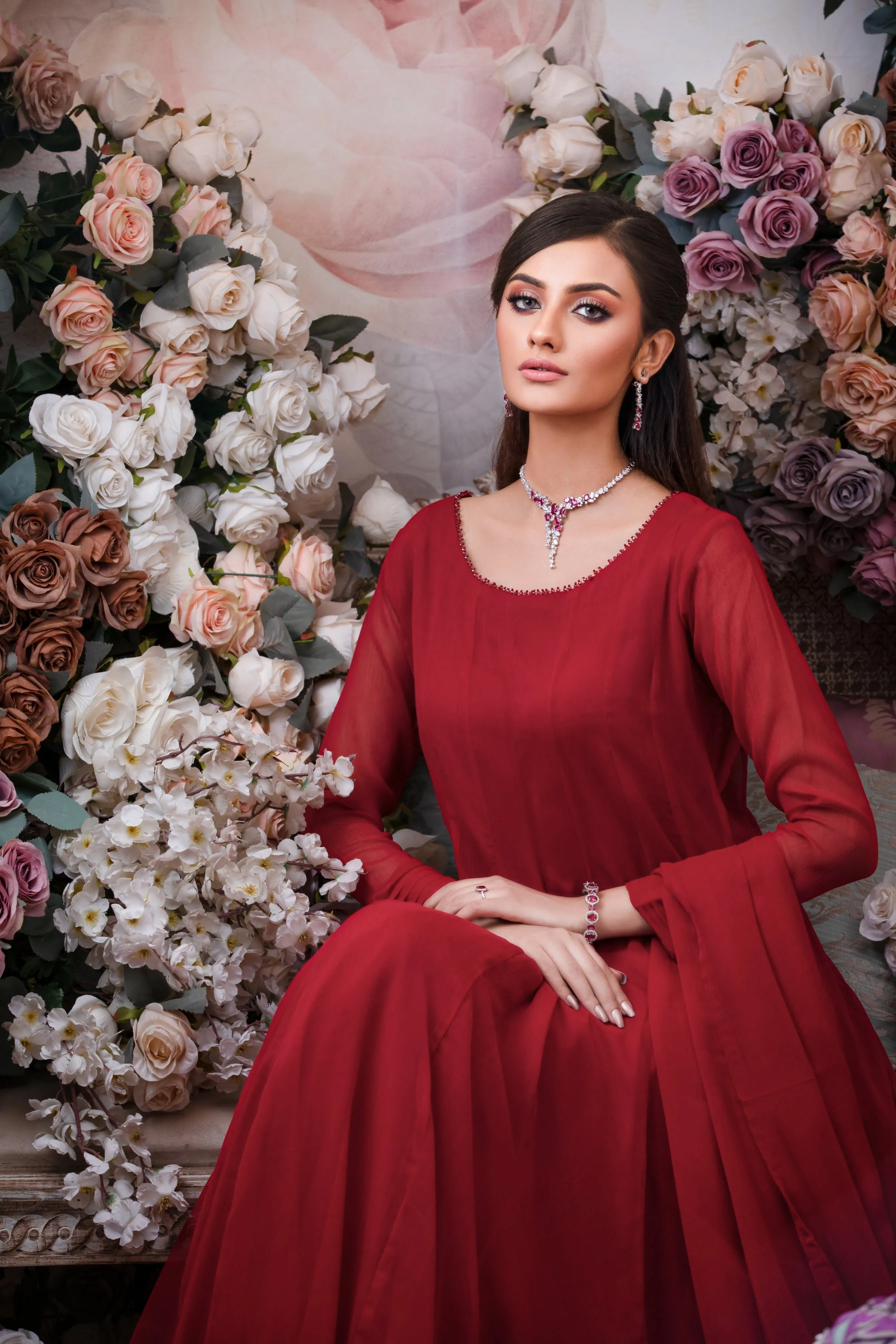 Crimson Red Minimalist Chiffon Anarkali Frock (Shabnam)