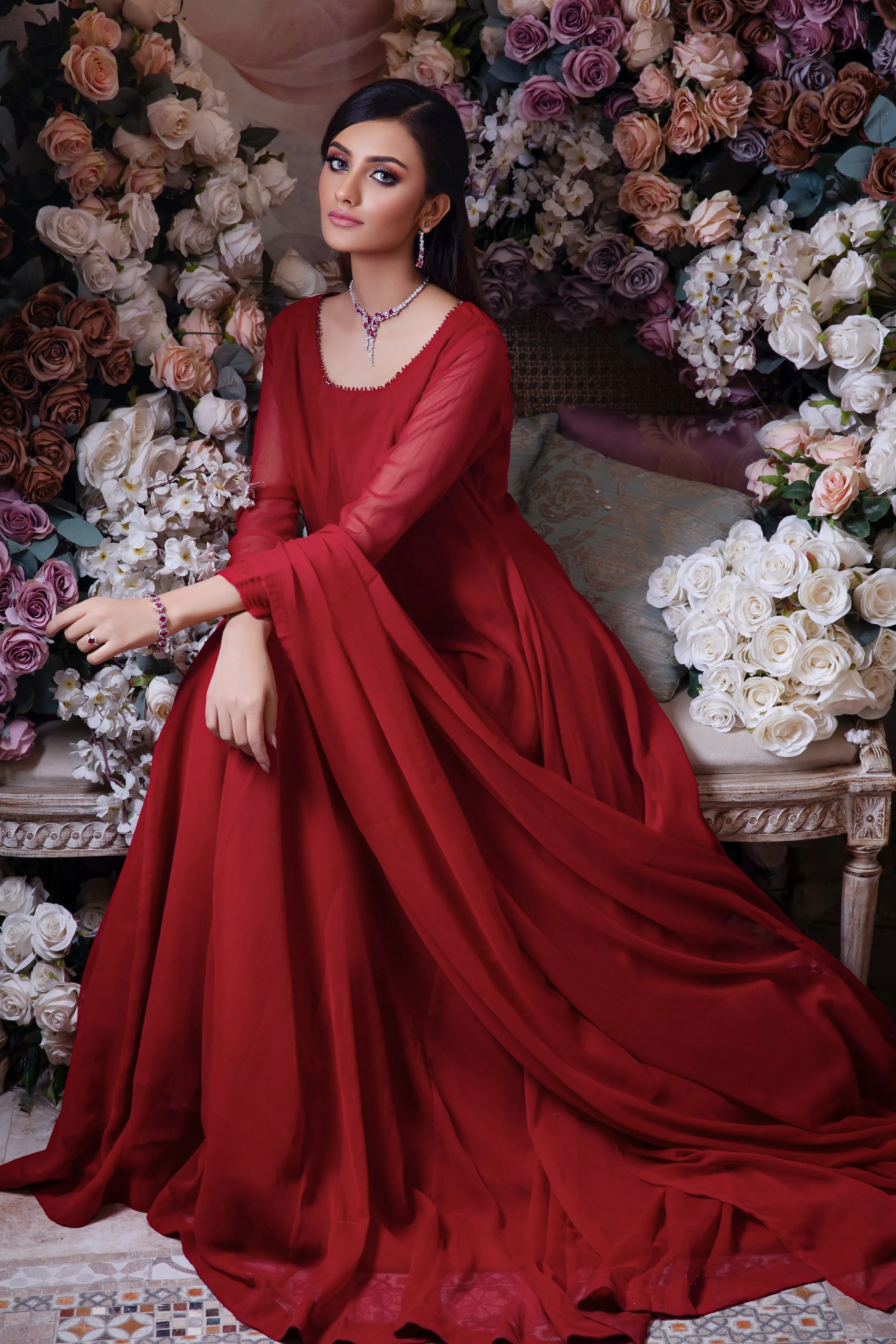 Crimson Red Minimalist Chiffon Anarkali Frock (Shabnam)