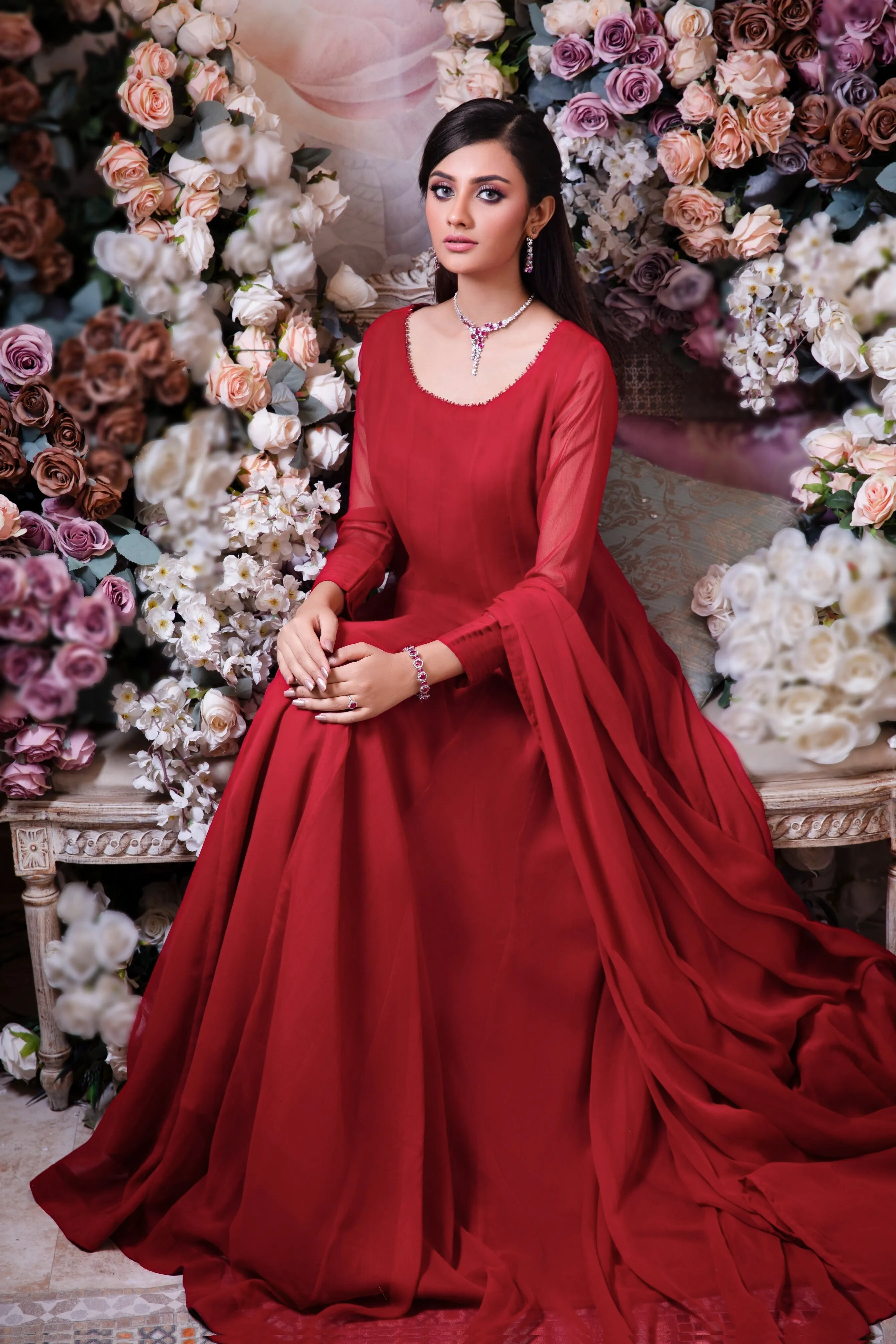 Crimson Red Minimalist Chiffon Anarkali Frock (Shabnam)