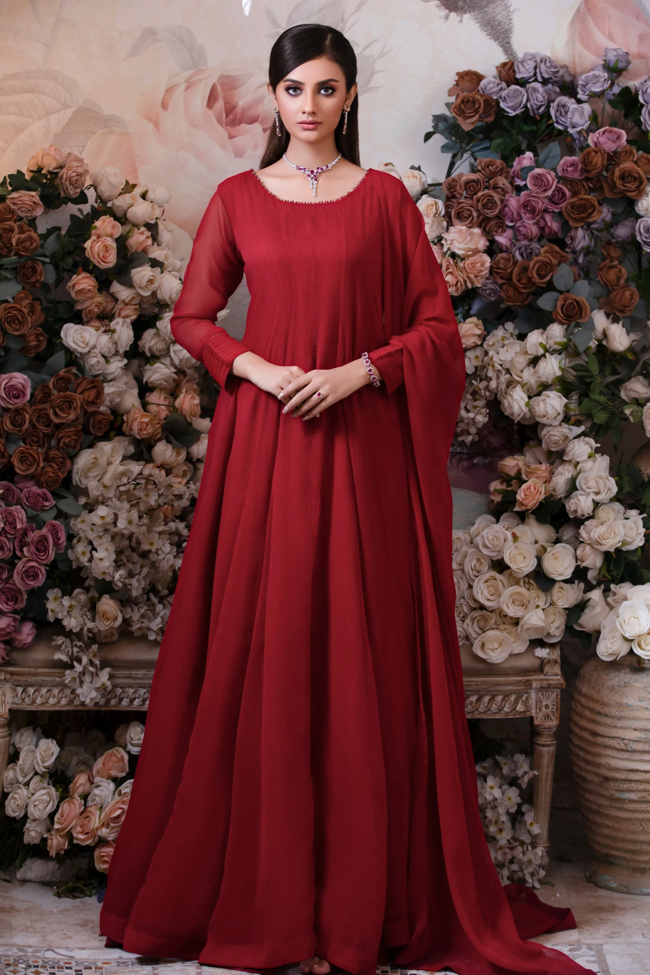 Crimson Red Minimalist Chiffon Anarkali Frock (Shabnam)