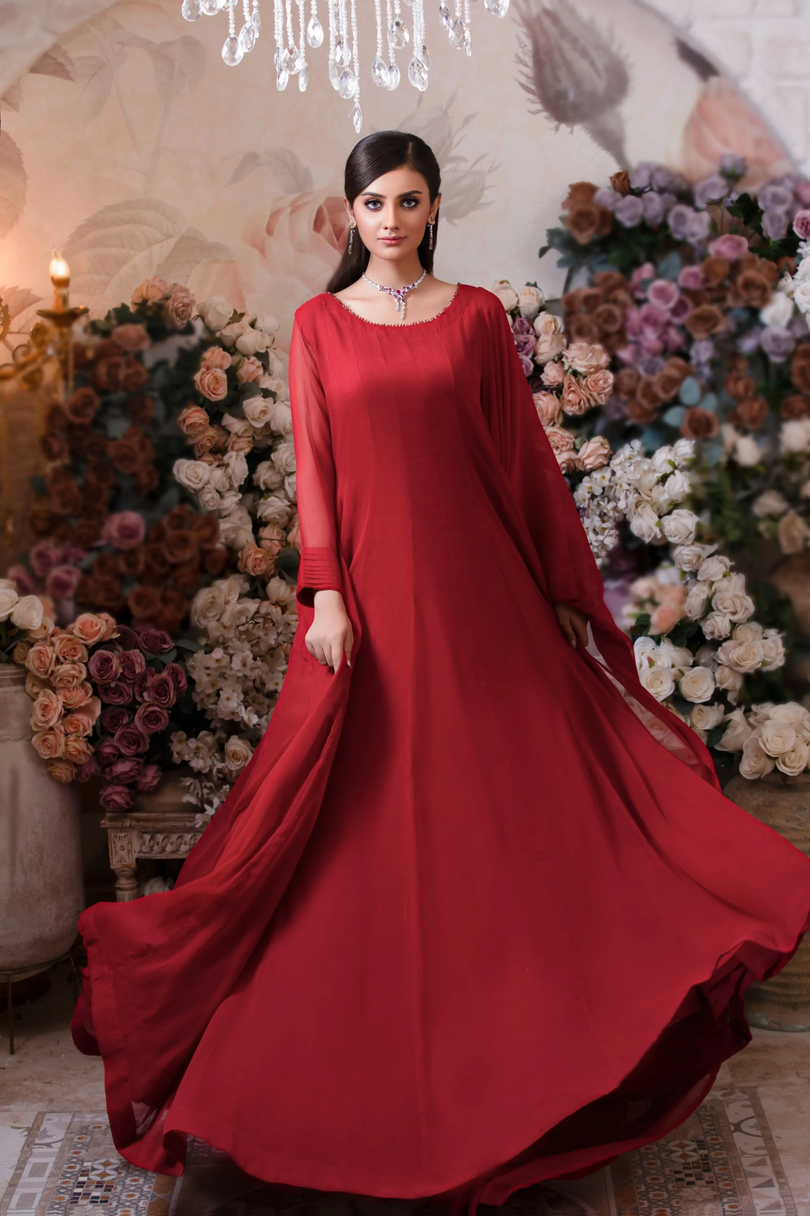 Crimson Red Minimalist Chiffon Anarkali Frock (Shabnam)