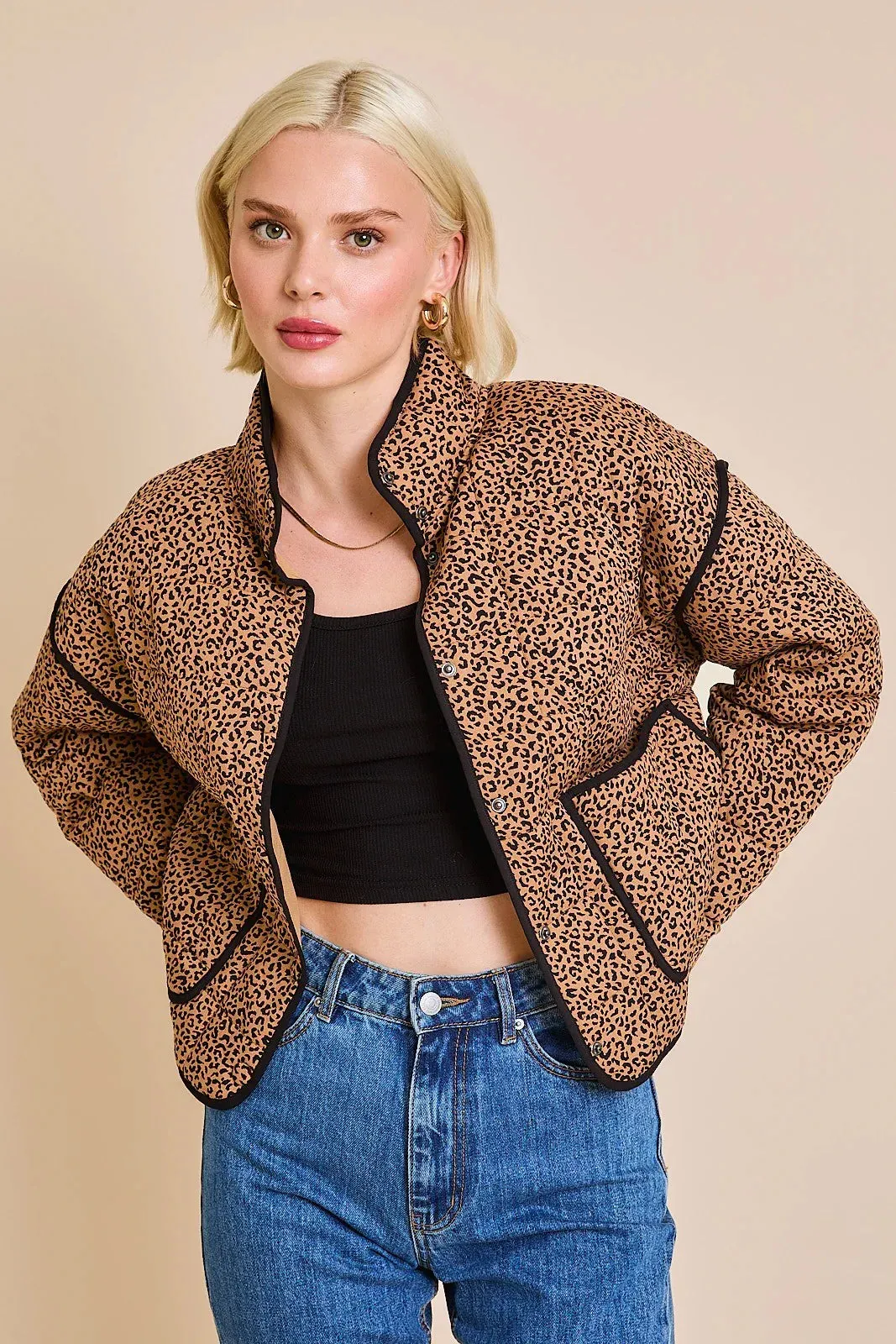 DROP SHOULDER ANIMAL PRINT HIGH COLLARED QUILT JACKET