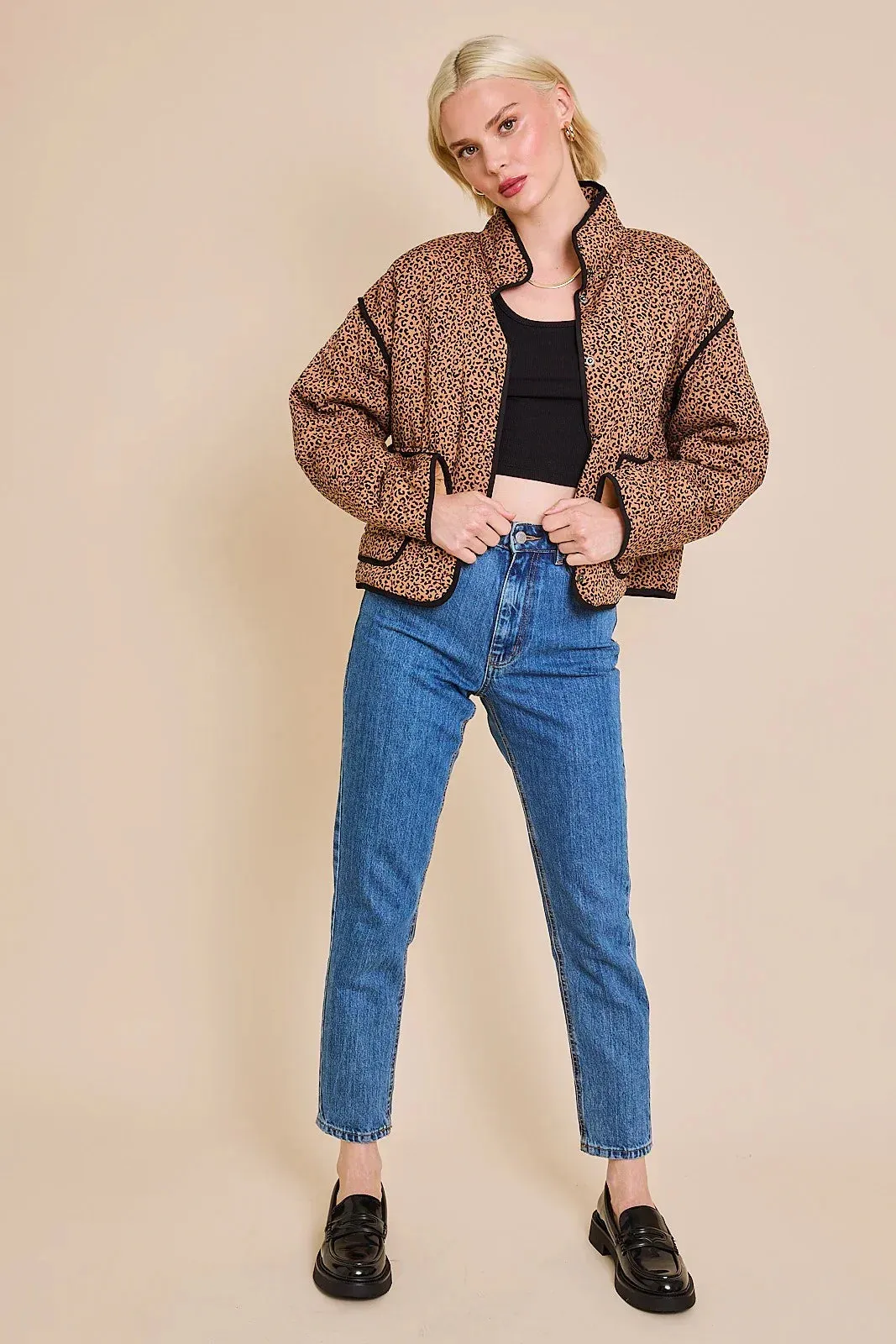 DROP SHOULDER ANIMAL PRINT HIGH COLLARED QUILT JACKET