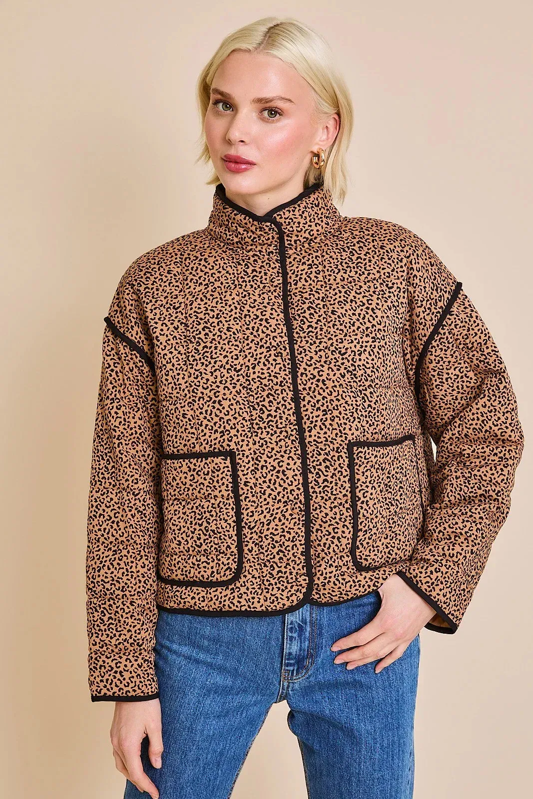DROP SHOULDER ANIMAL PRINT HIGH COLLARED QUILT JACKET