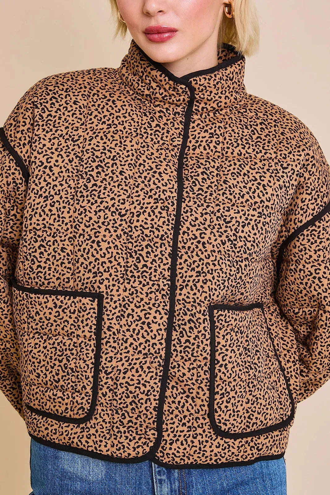DROP SHOULDER ANIMAL PRINT HIGH COLLARED QUILT JACKET
