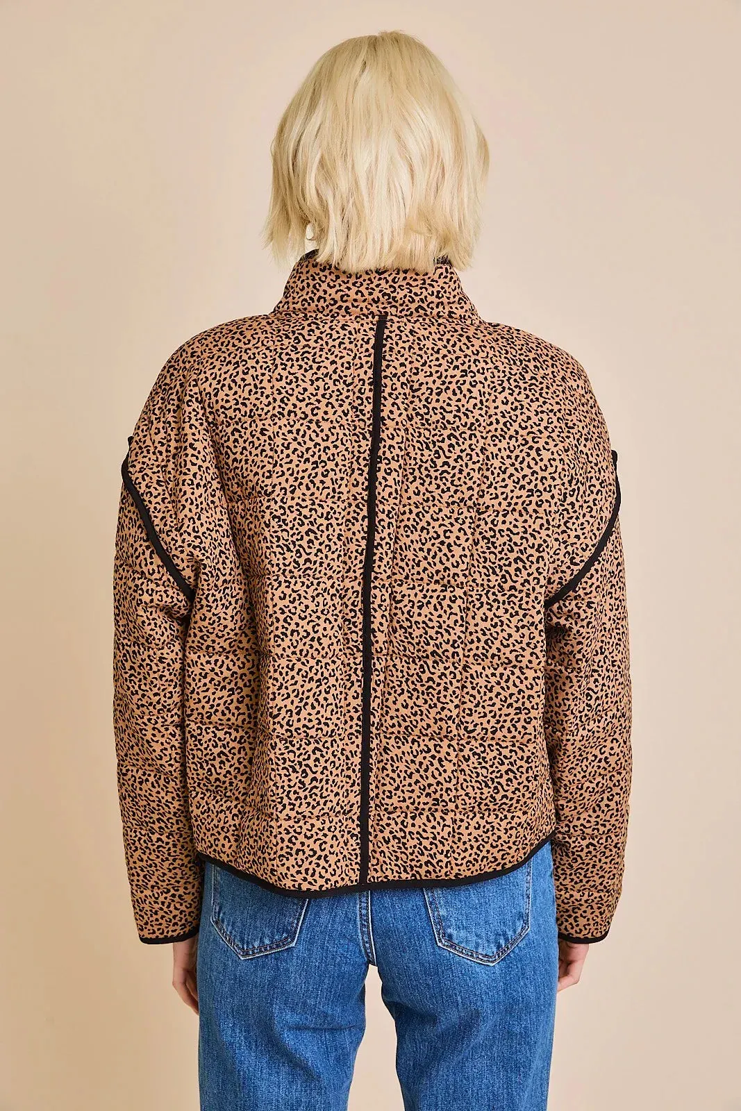 DROP SHOULDER ANIMAL PRINT HIGH COLLARED QUILT JACKET