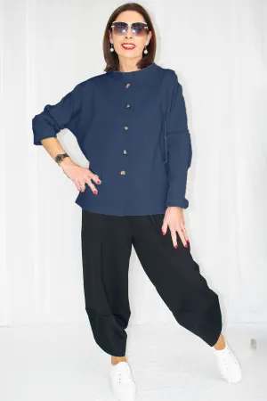 Elise Button Down Front Scuba Top in Navy