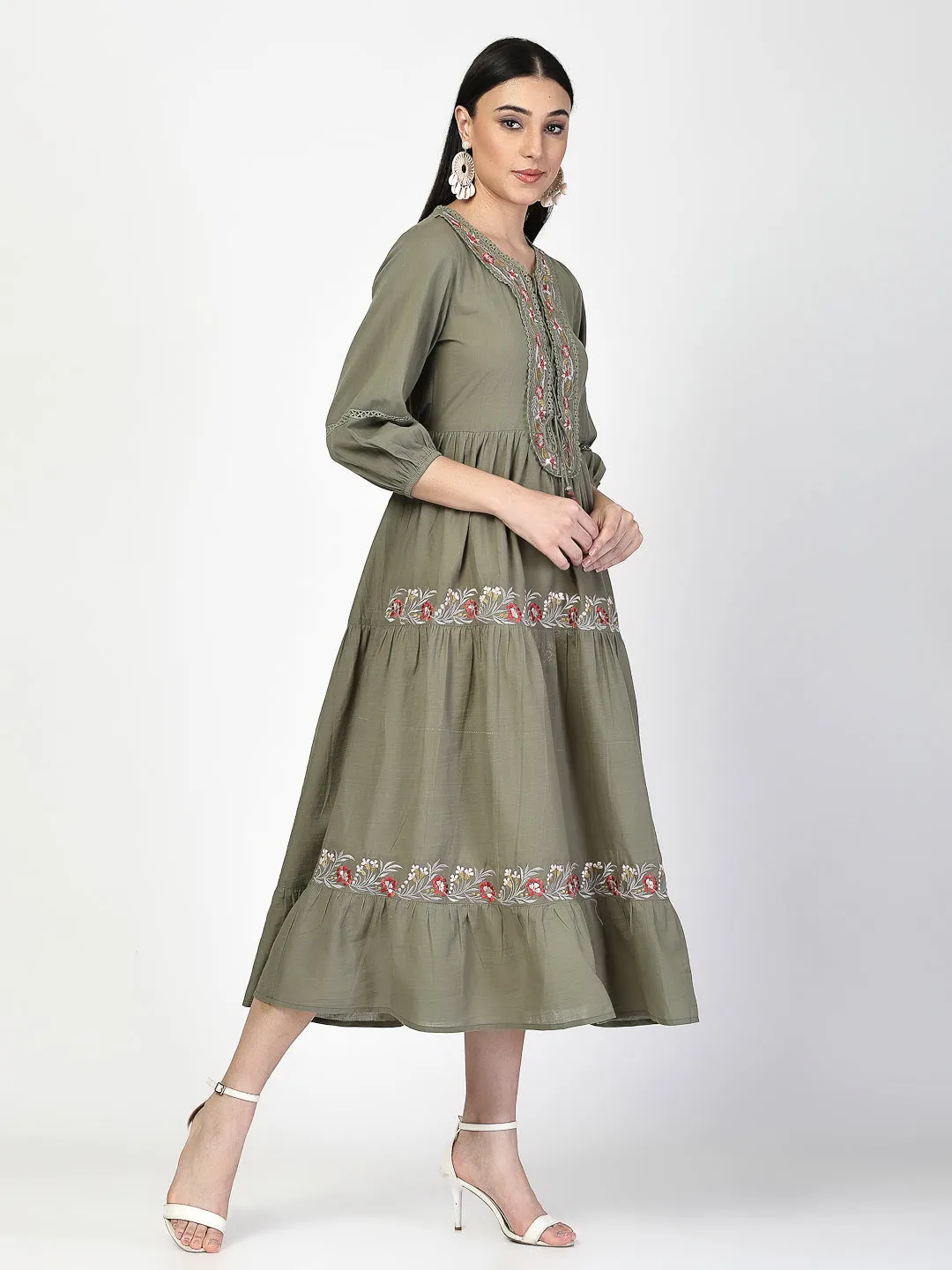 Embroidered Neck Tie up Olive Dress