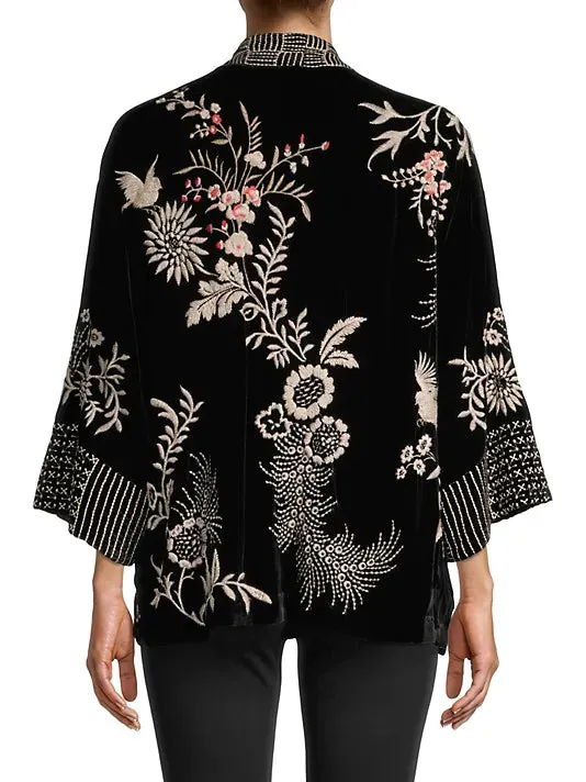 Johnny Was Valentina Velvet Cropped Kimono Jacket Top Black Floral Embroidery NEW