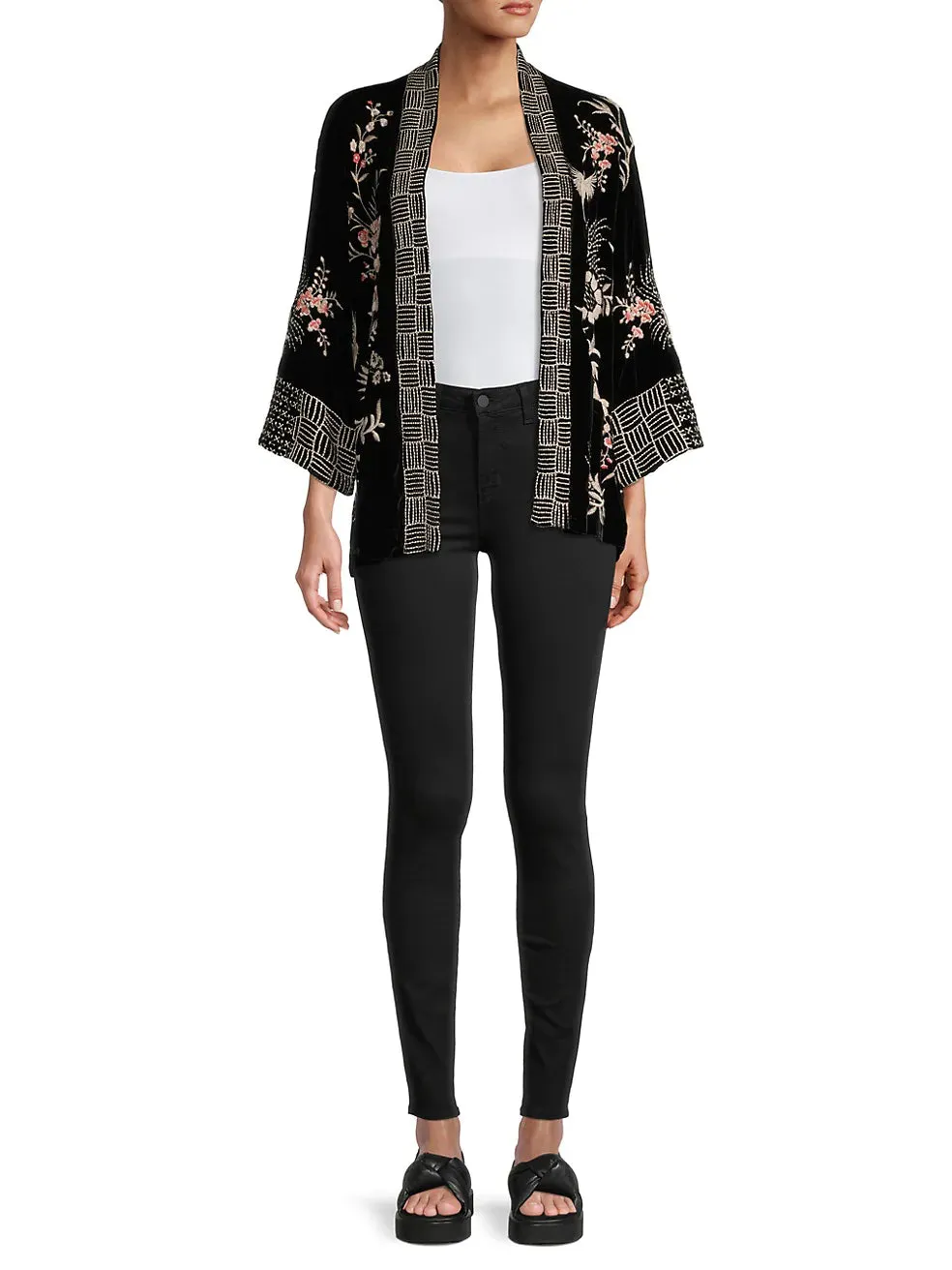 Johnny Was Valentina Velvet Cropped Kimono Jacket Top Black Floral Embroidery NEW