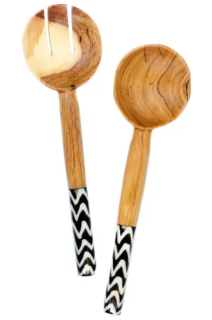 Kenyan Olivewood Salad Servers with Zebra Striped Bone Handles