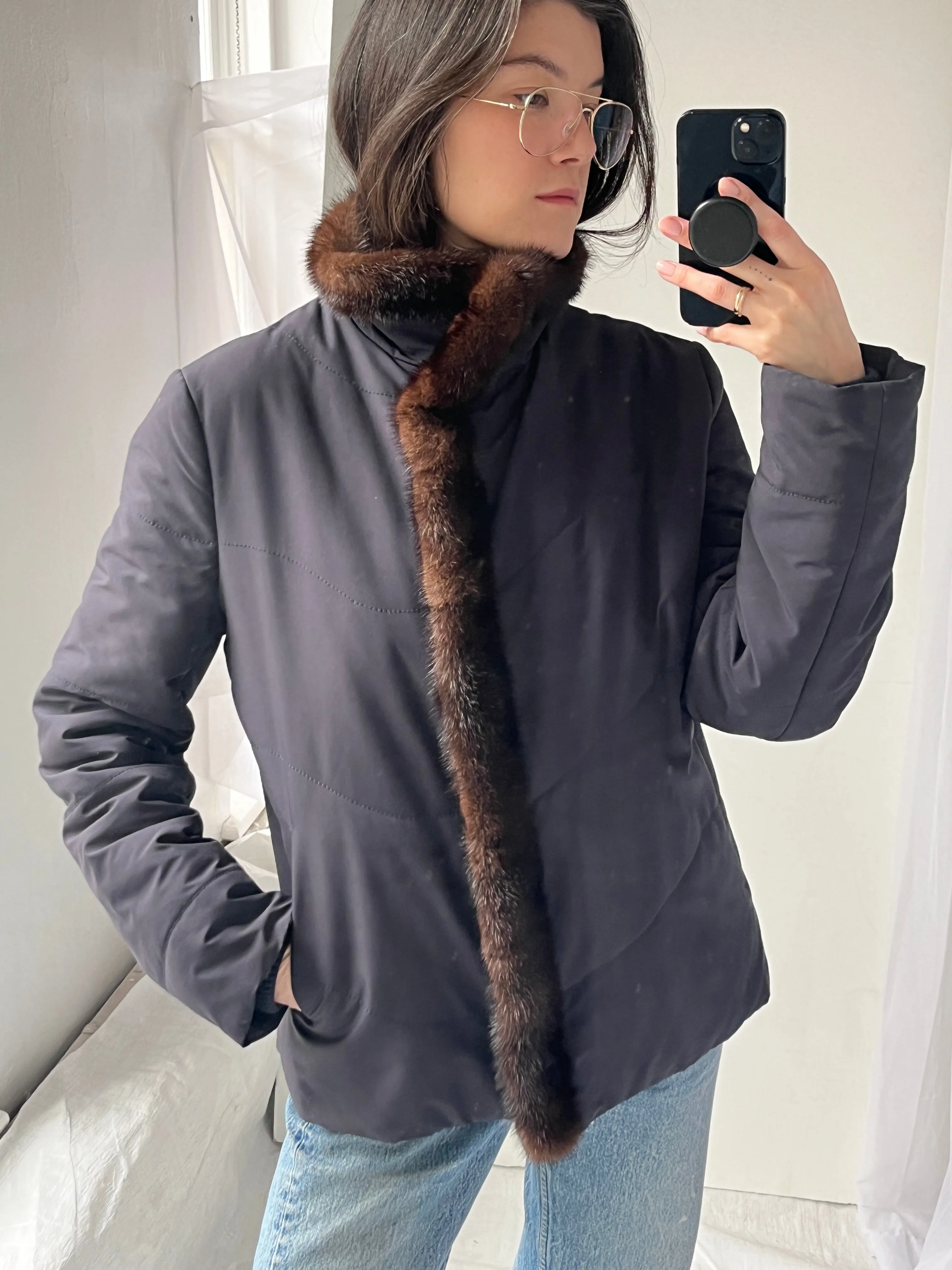 Loro Piana Mink Trim Navy Puffer Zip Coat