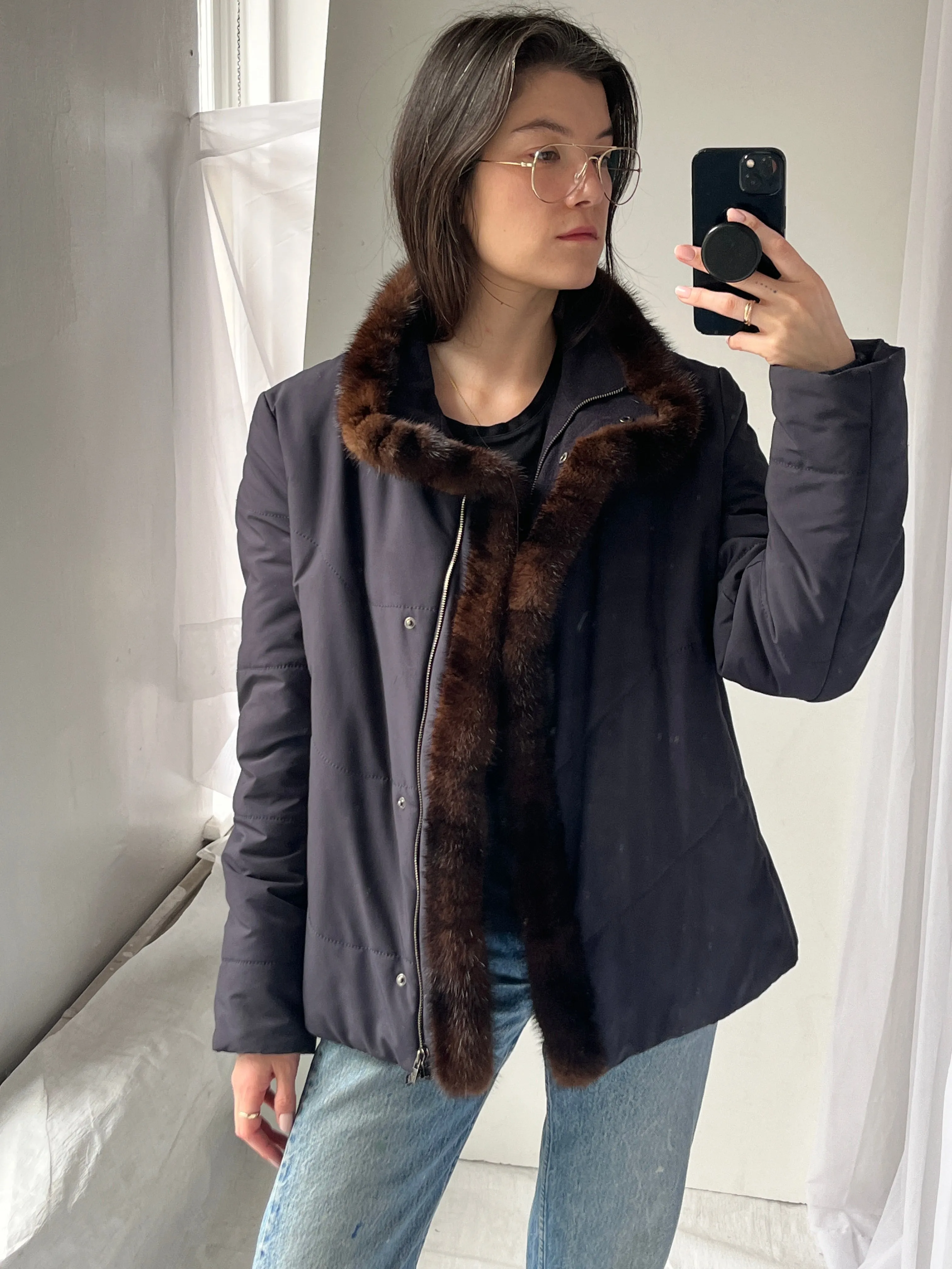 Loro Piana Mink Trim Navy Puffer Zip Coat