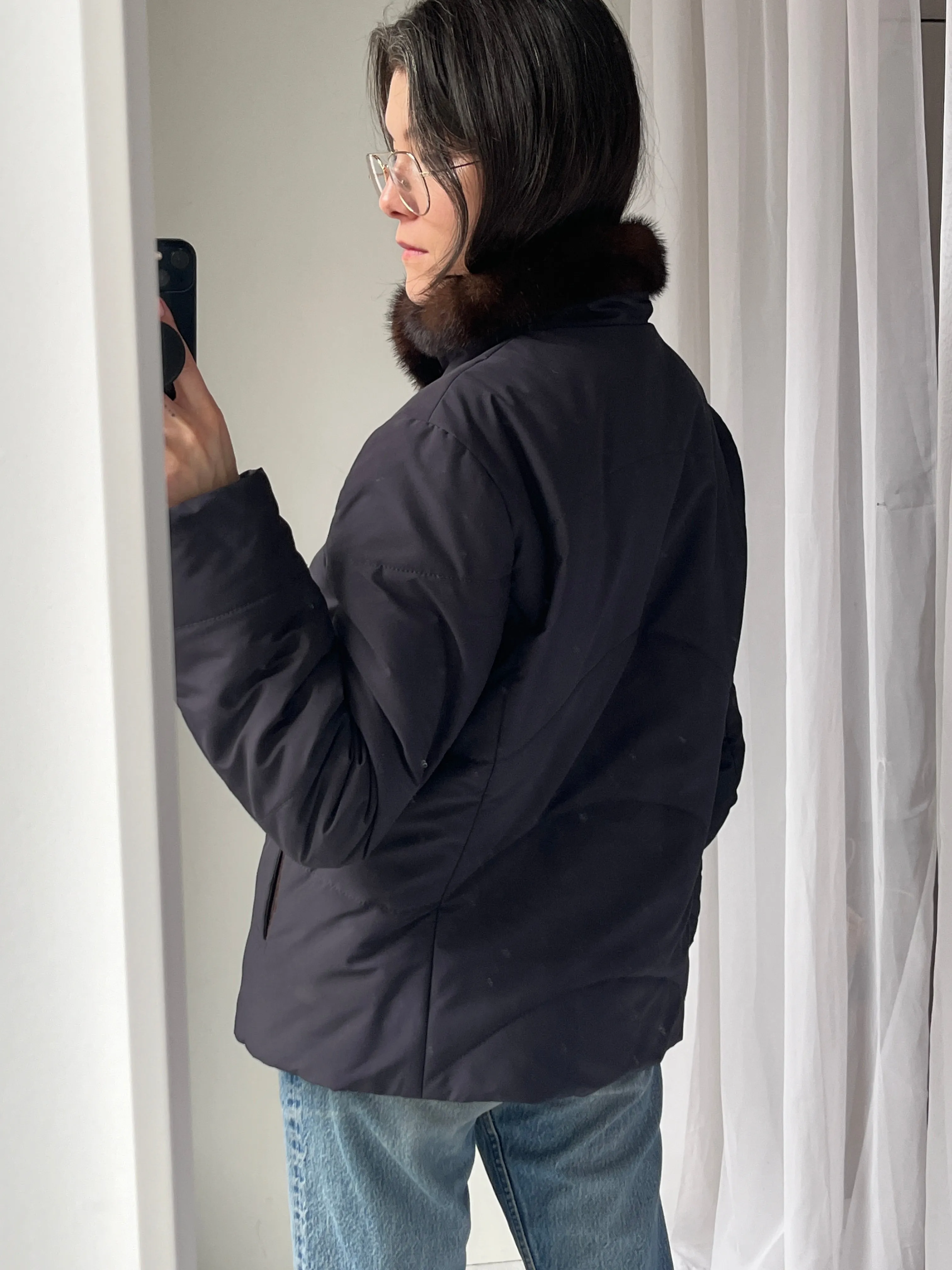 Loro Piana Mink Trim Navy Puffer Zip Coat