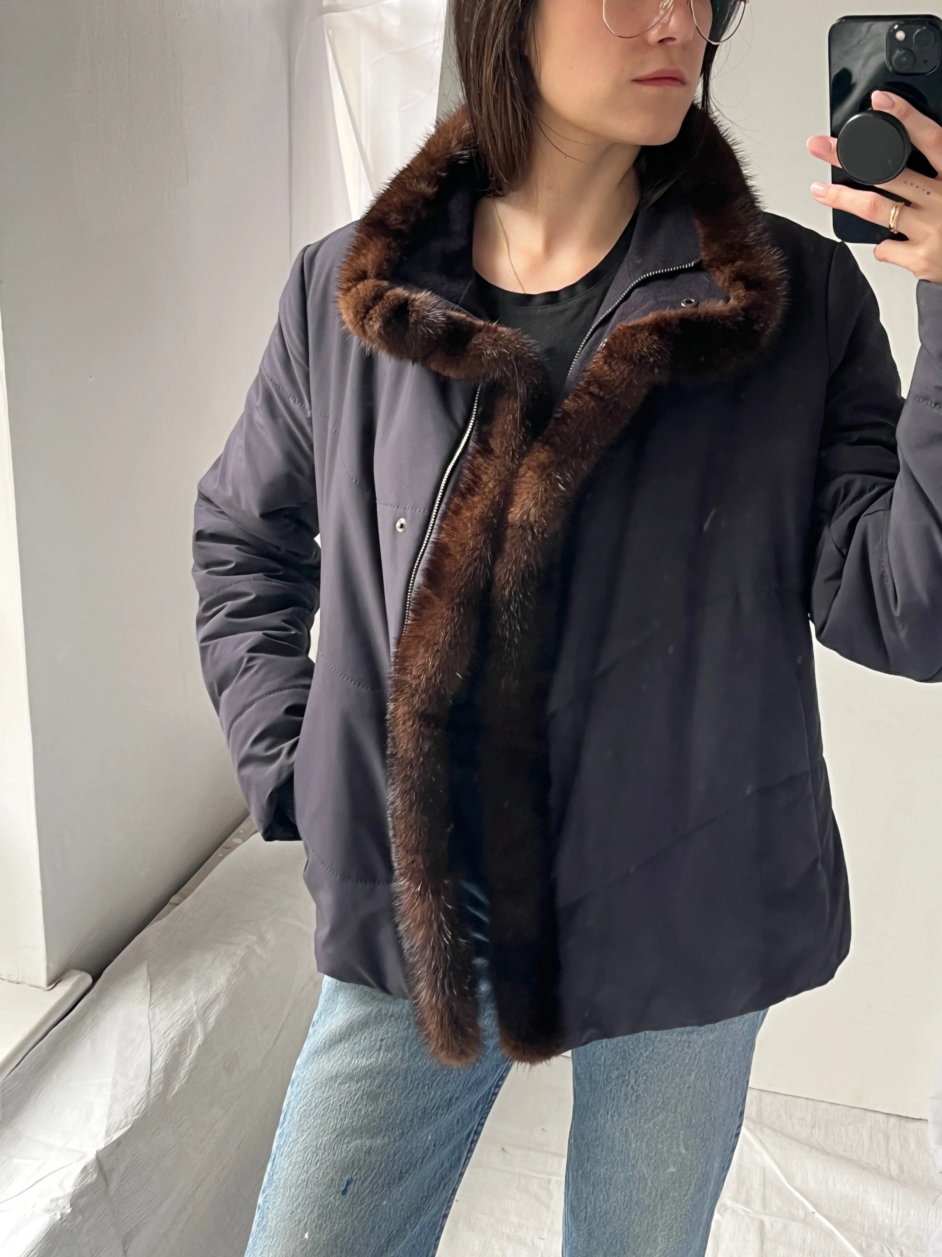 Loro Piana Mink Trim Navy Puffer Zip Coat