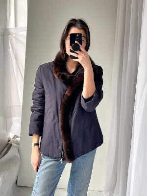 Loro Piana Mink Trim Navy Puffer Zip Coat