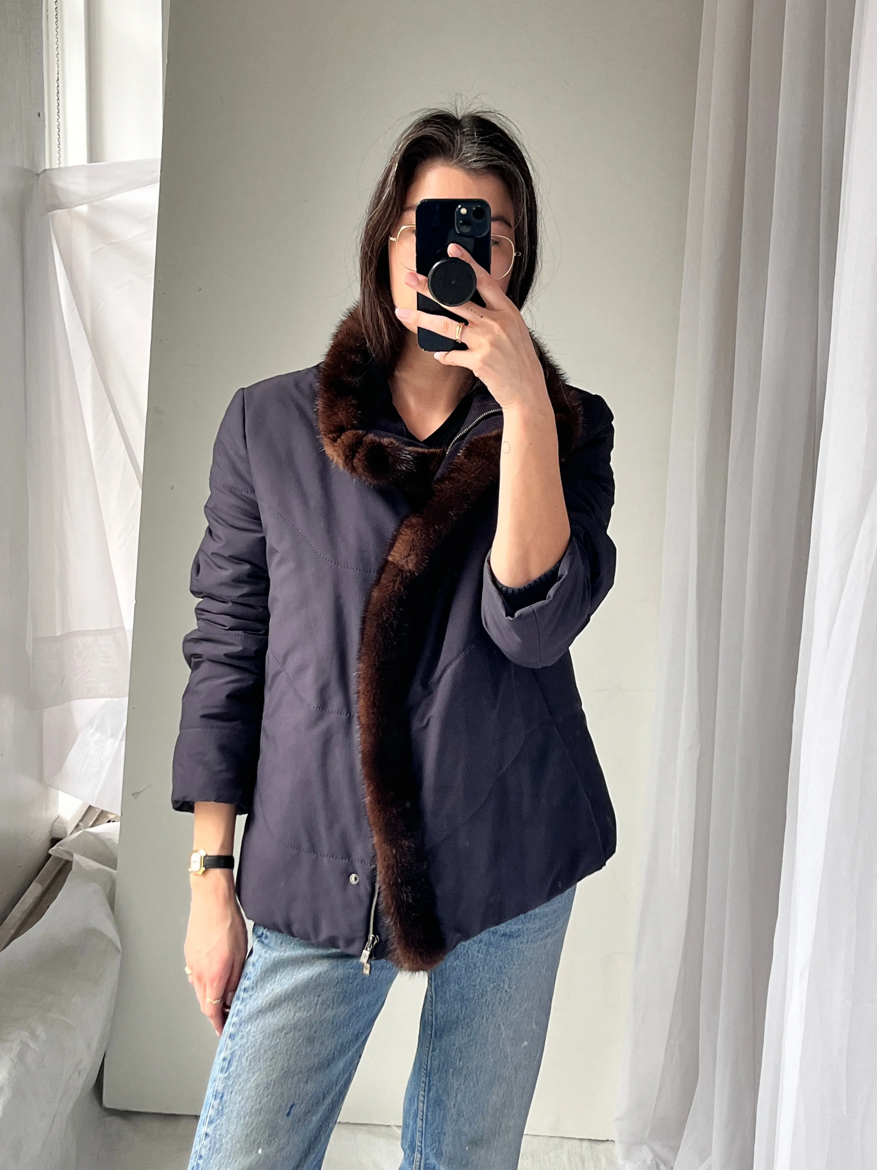 Loro Piana Mink Trim Navy Puffer Zip Coat