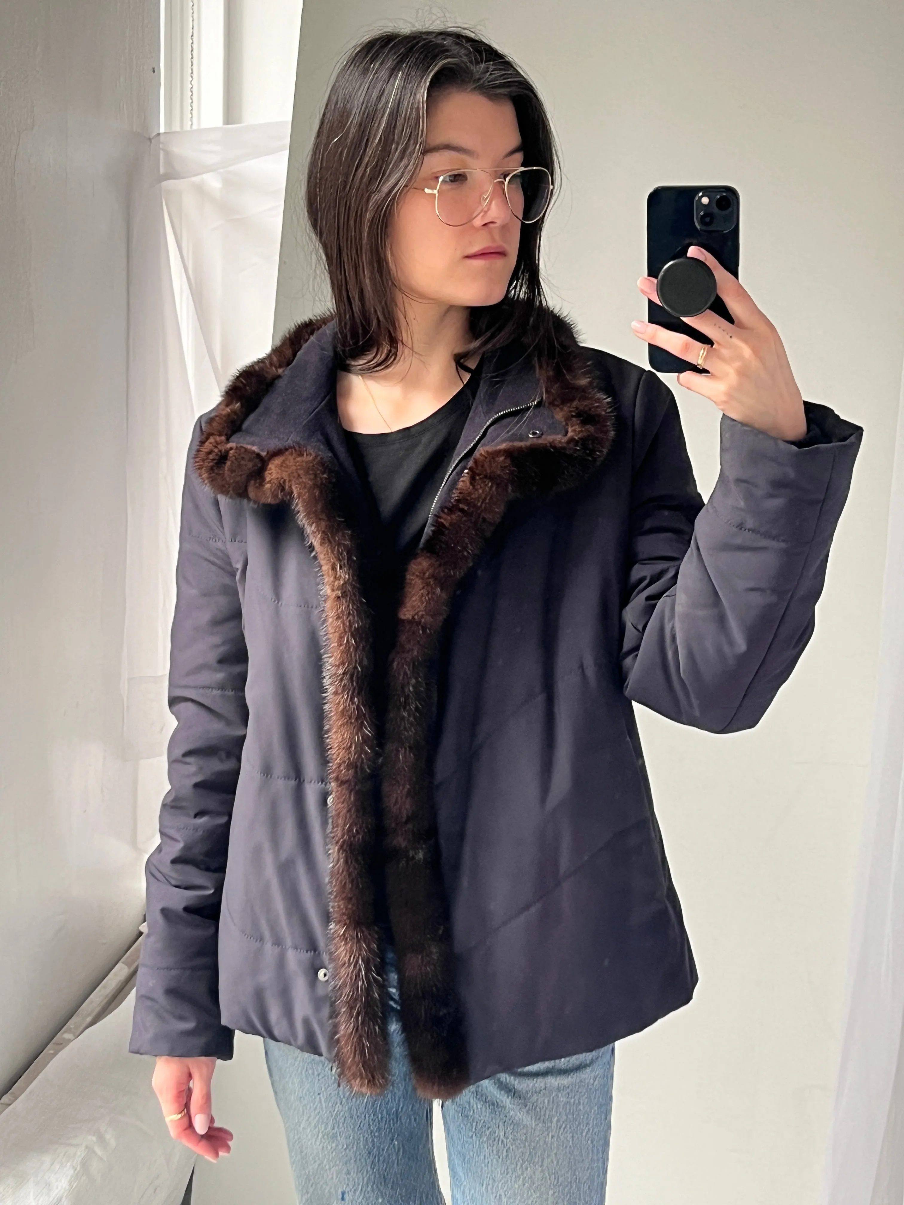 Loro Piana Mink Trim Navy Puffer Zip Coat