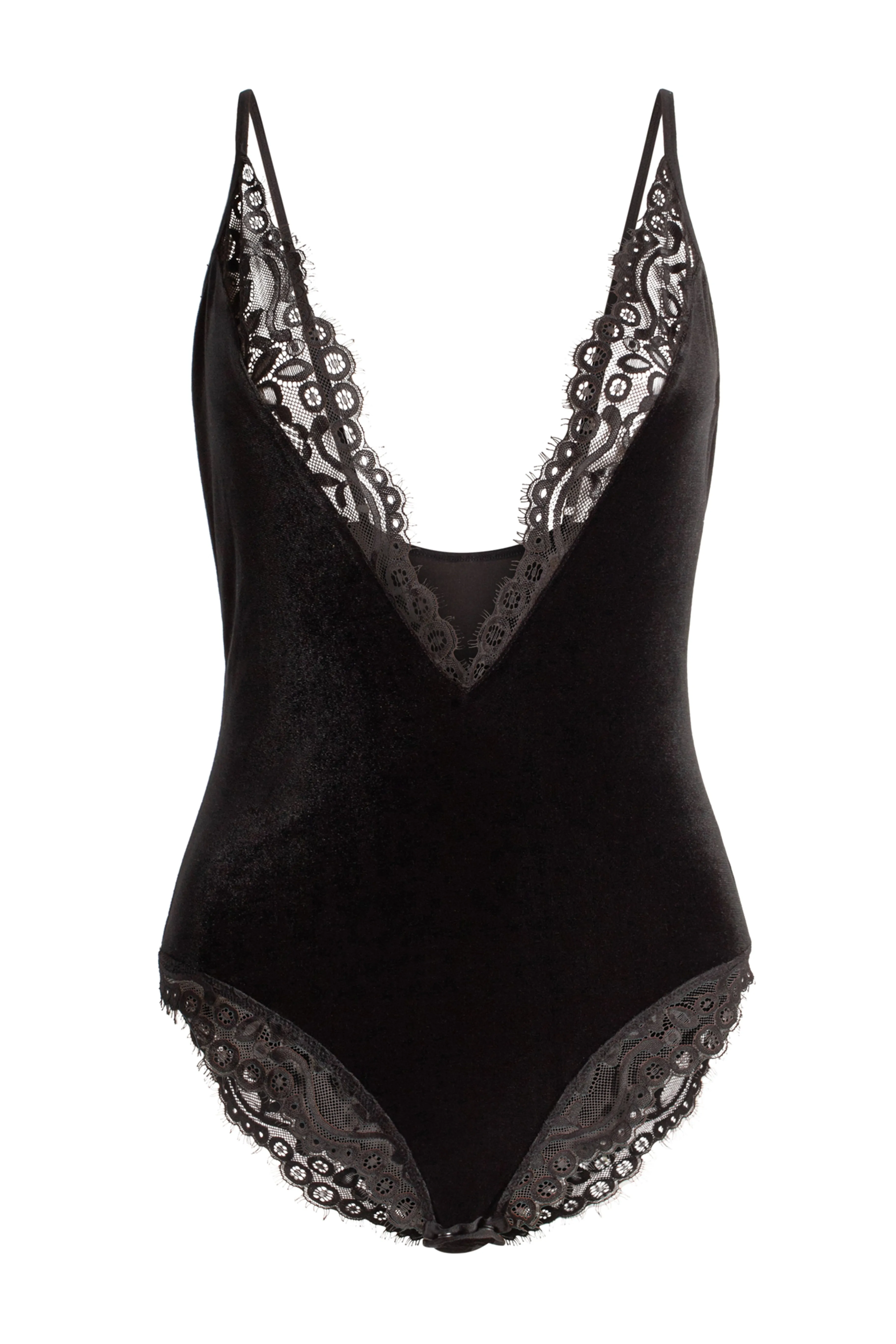 Luxe Velvet Deep V Lace Trim Neckline Bodysuit