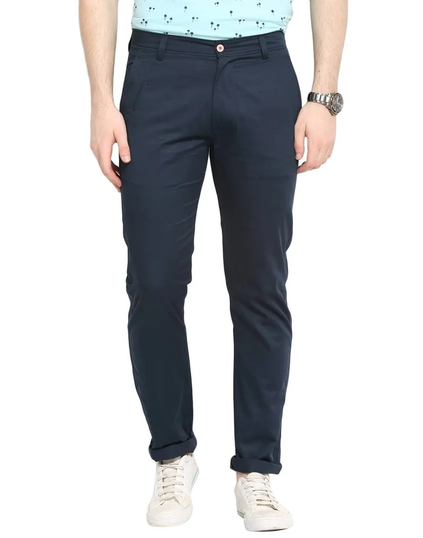 Men's Navy Blue Cotton Solid Mid-Rise Casual Regular Fit Chinos