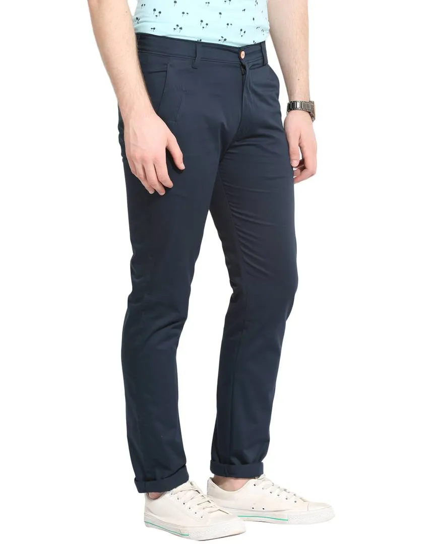 Men's Navy Blue Cotton Solid Mid-Rise Casual Regular Fit Chinos