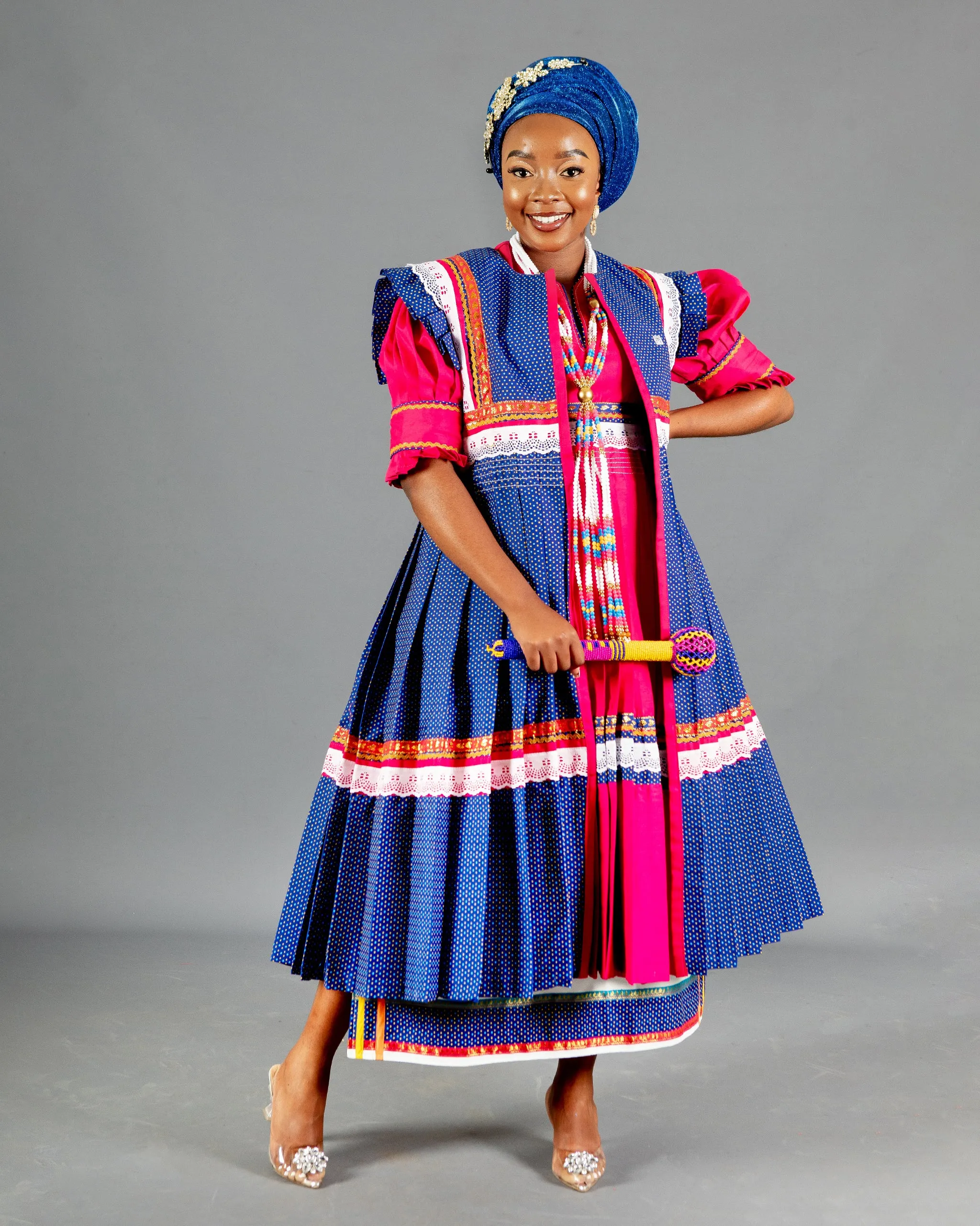 Mogoshadi Pleated Bridal Dress Set in Pink & Blue